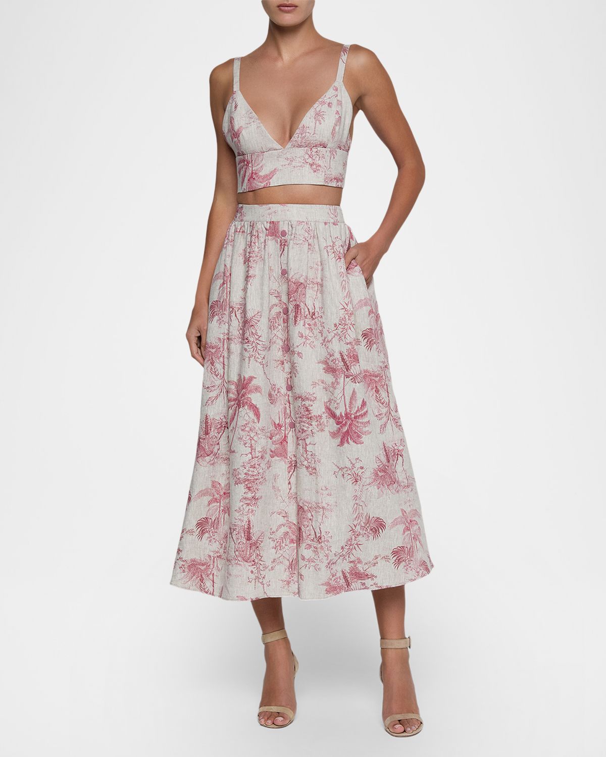 L 'Agence Seina Pleated Etoile-Print Linen Midi Skirt