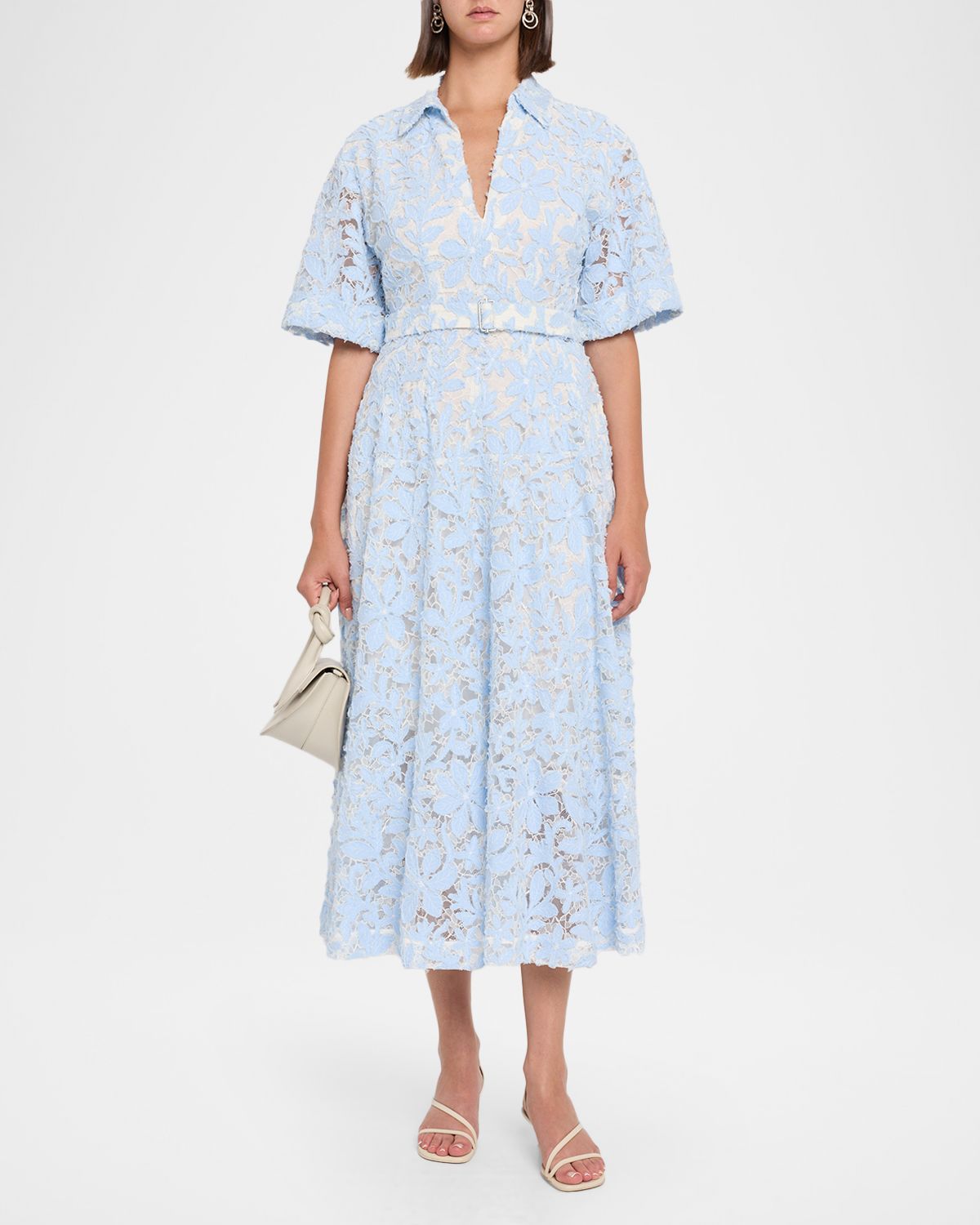 SIMKHAI Deanna Short-Sleeve Belted Lace Midi Dress | Thumbnail 2 SIMKHAI Deanna Short-Sleeve Belted Lace Midi Dress | Thumbnail 2