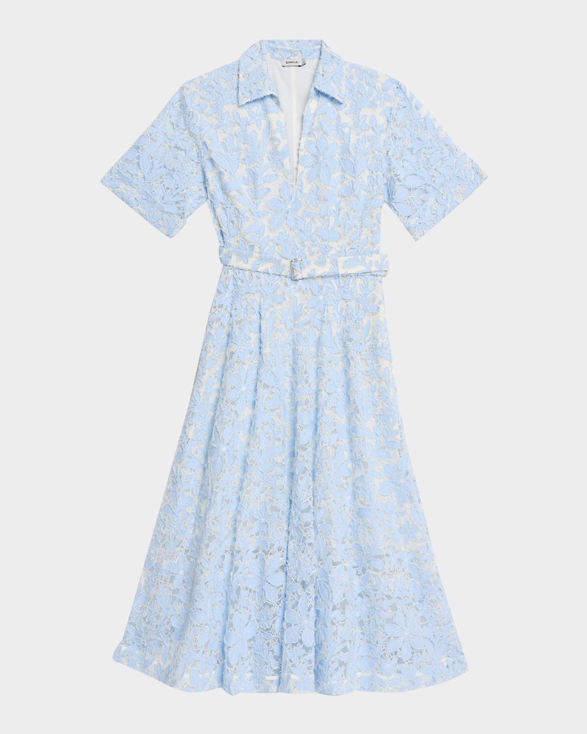 SIMKHAI Deanna Short-Sleeve Belted Lace Midi Dress