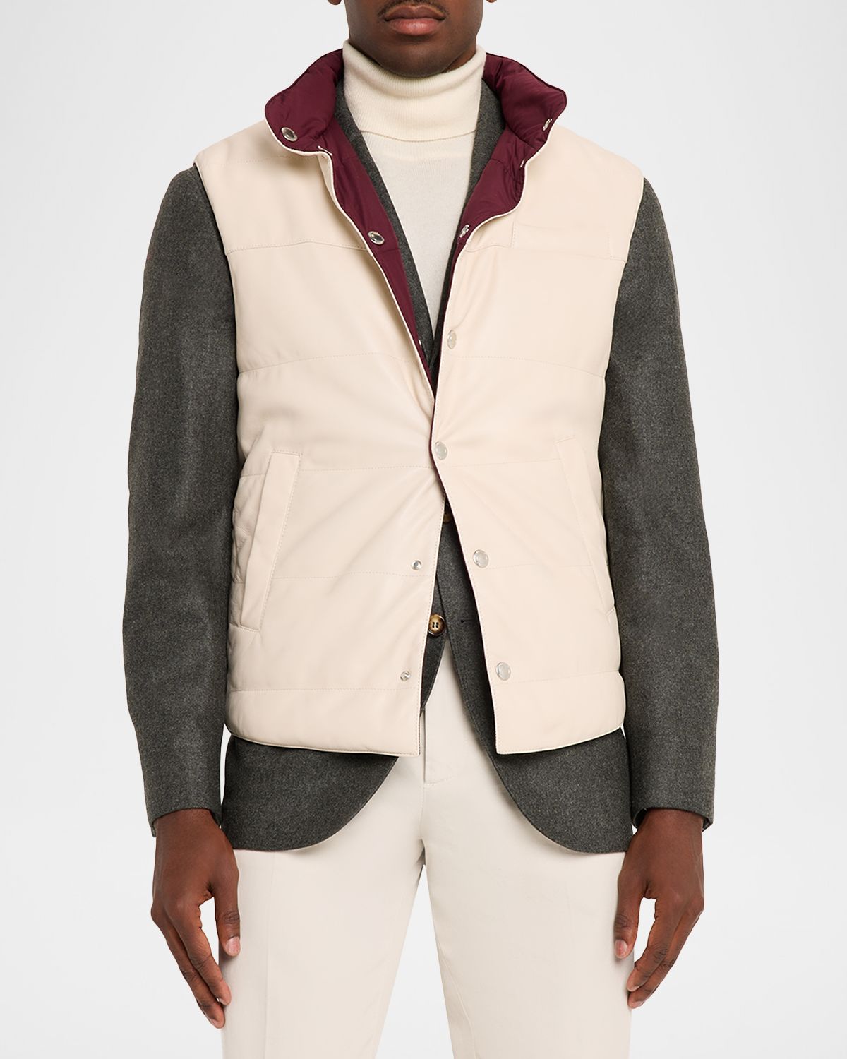 Brunello Cucinelli Men 's Reversible Leather and Nylon Quilted Vest | Thumbnail 4 Brunello Cucinelli Men 's Reversible Leather and Nylon Quilted Vest | Thumbnail 4