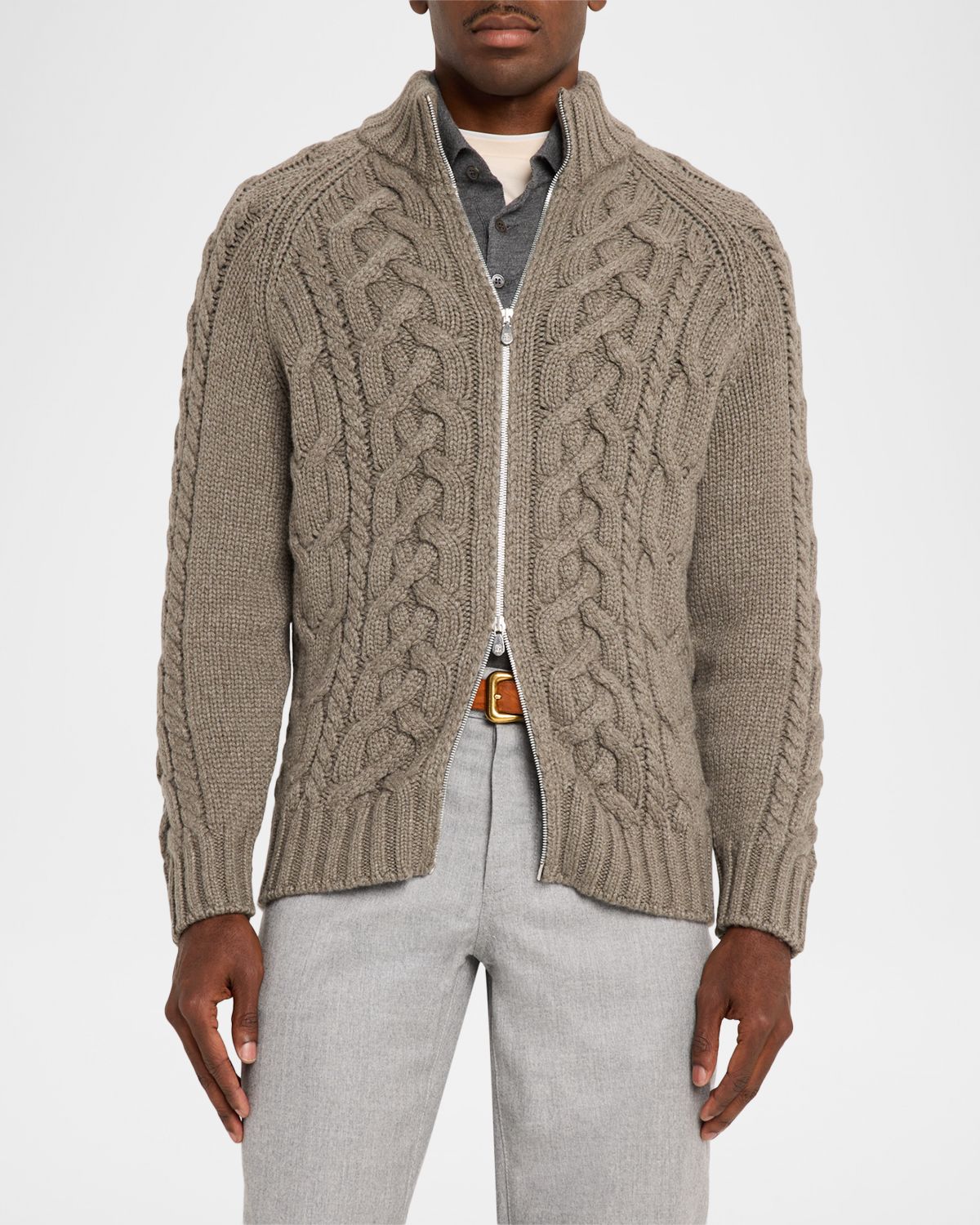 Brunello Cucinelli Men 's Lofted Cashmere Cable Knit Full-Zip Cardigan | Thumbnail 4 Brunello Cucinelli Men 's Lofted Cashmere Cable Knit Full-Zip Cardigan | Thumbnail 4