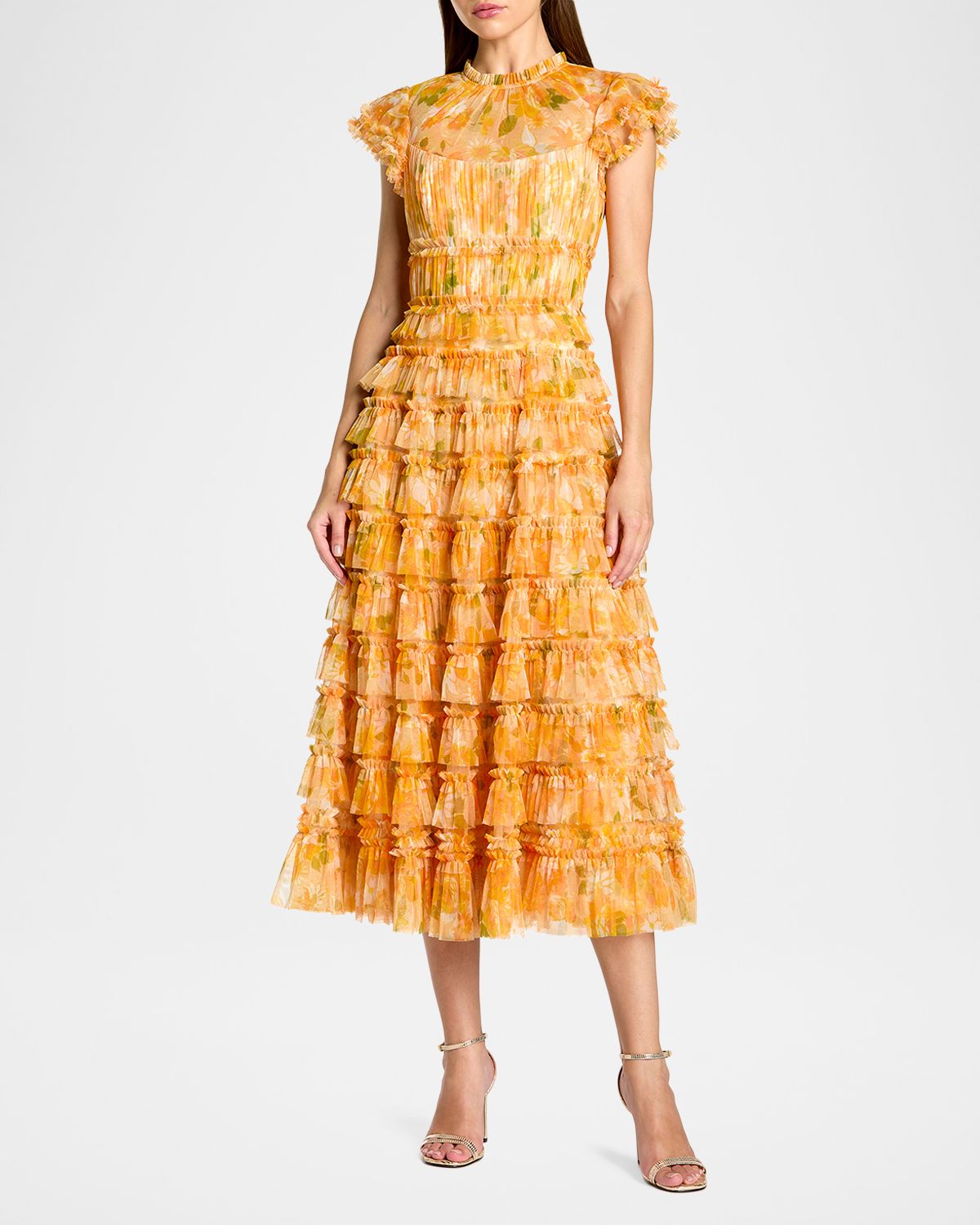 Mac Duggal Floral-Print Ruffle Mesh Midi Dress