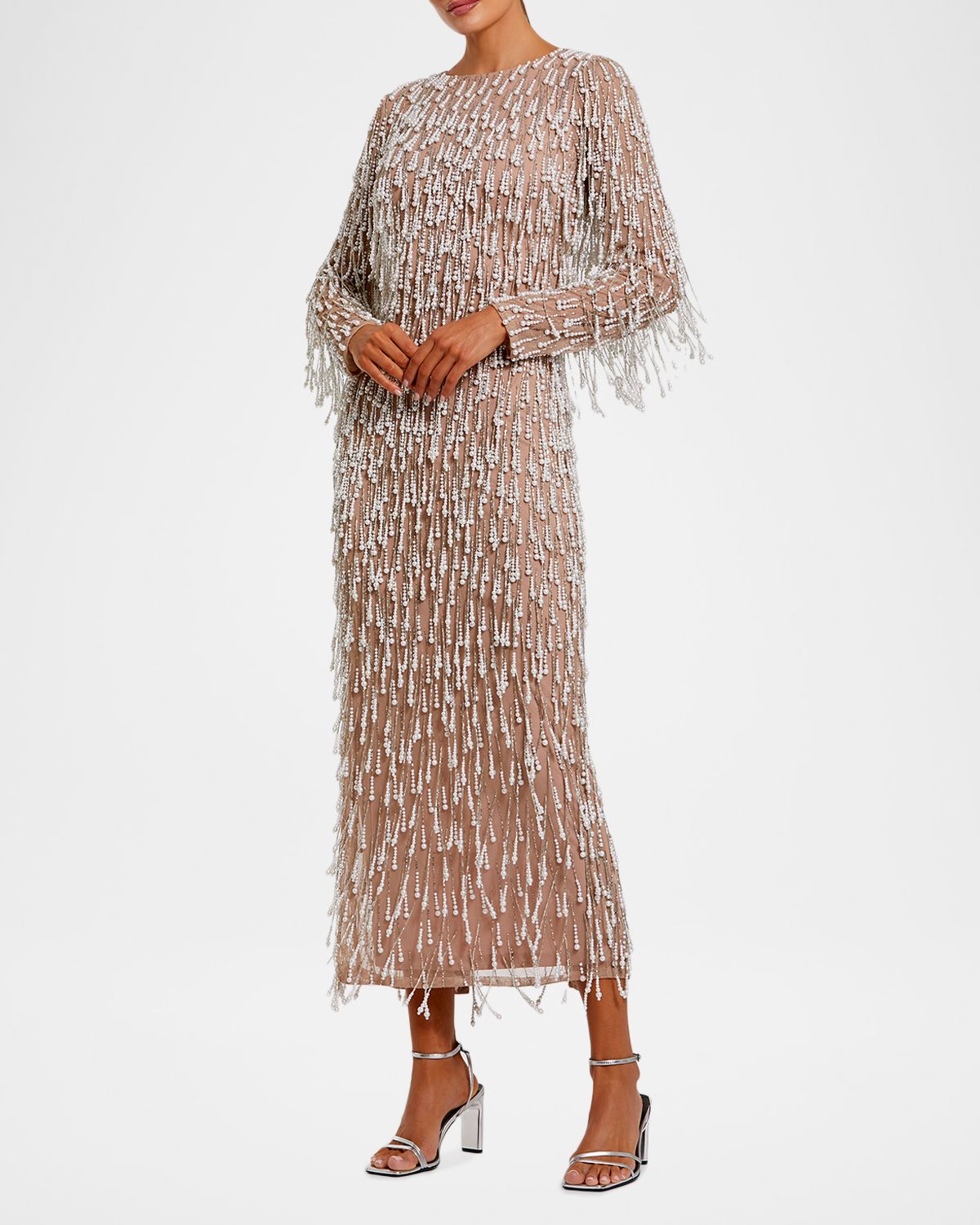Mac Duggal Pearly Fringe Mesh Long-Sleeve Midi Dress