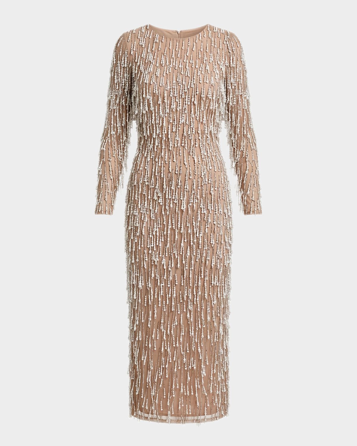Mac Duggal Pearly Fringe Mesh Long-Sleeve Midi Dress