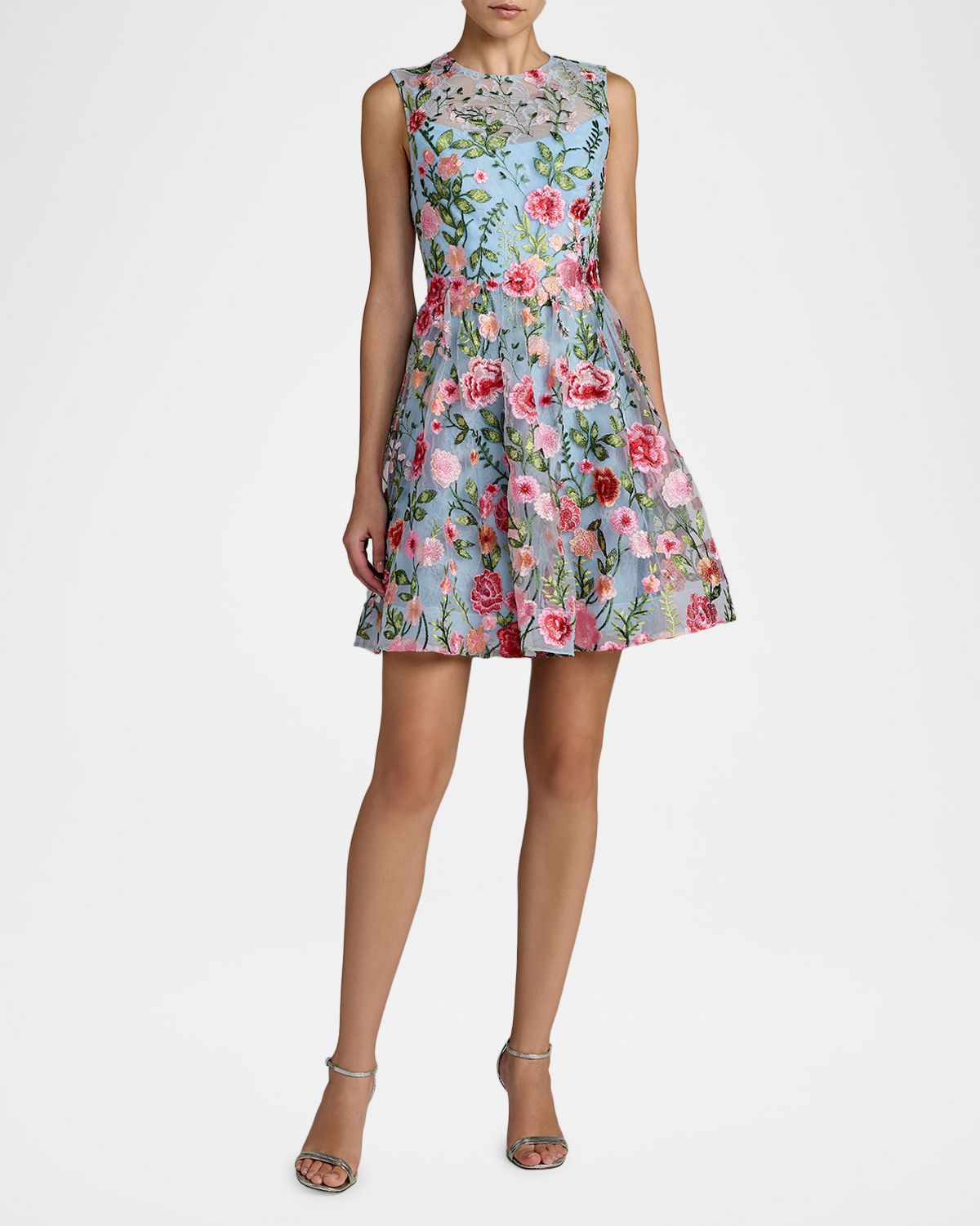 Mac Duggal Floral-Embroidered Lace Illusion A-Line Mini Dress
