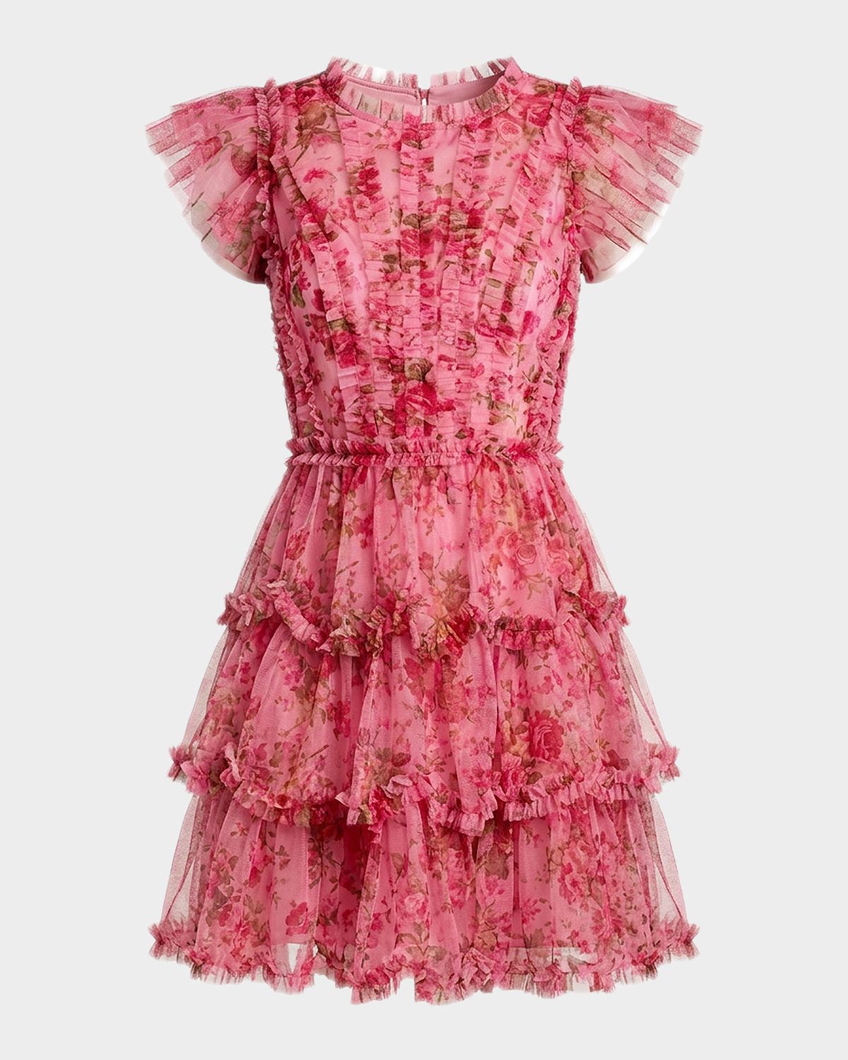 Mac Duggal Ruffled Floral Cap-Sleeve Mesh Mini Dress
