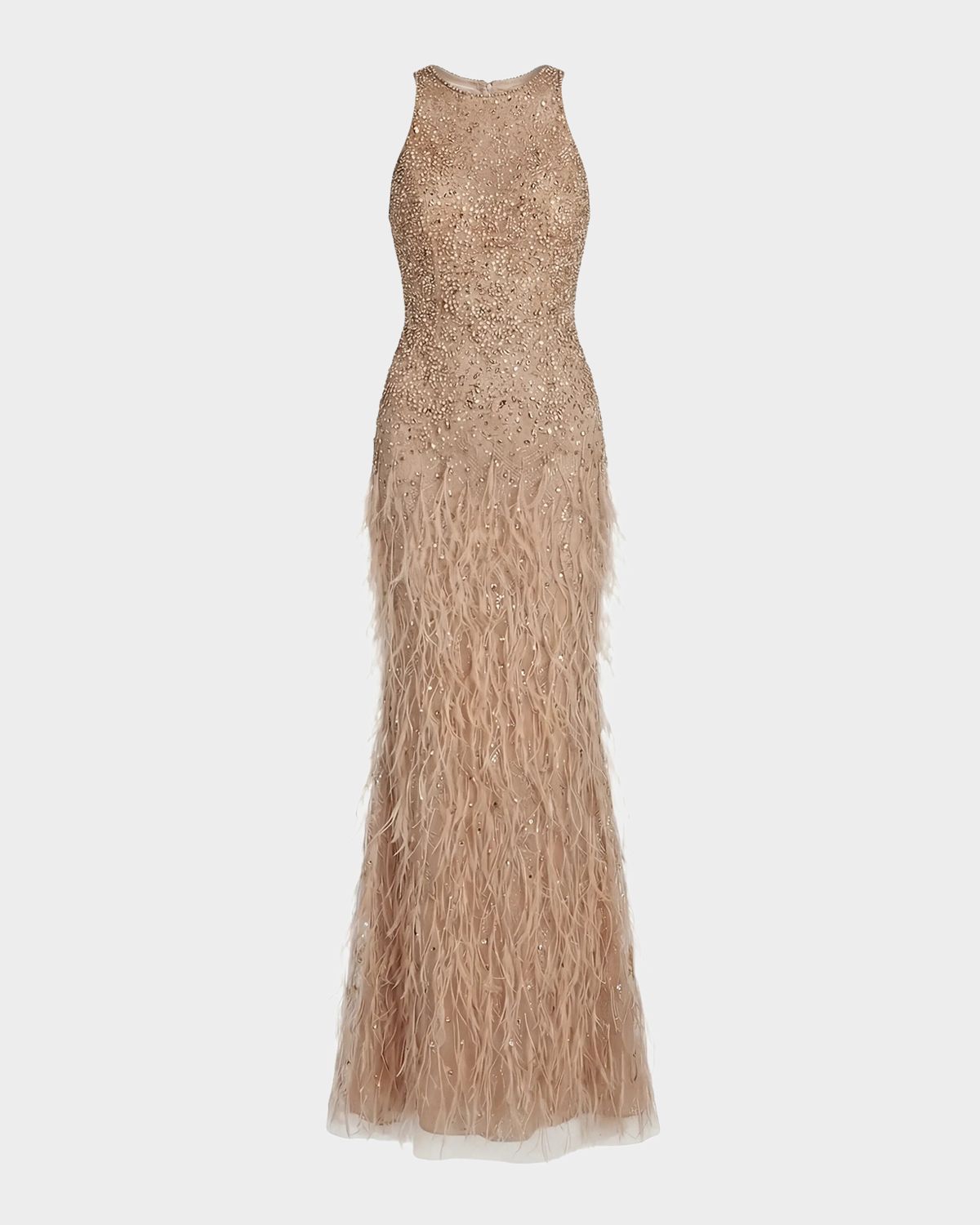 Mac Duggal Beaded Feather-Trimmed Gown