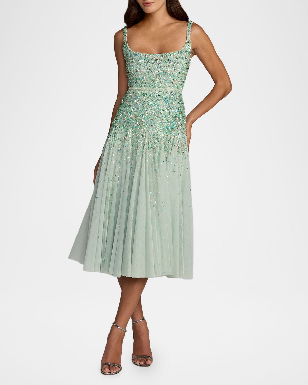 Mac Duggal Beaded Mesh Midi Dress