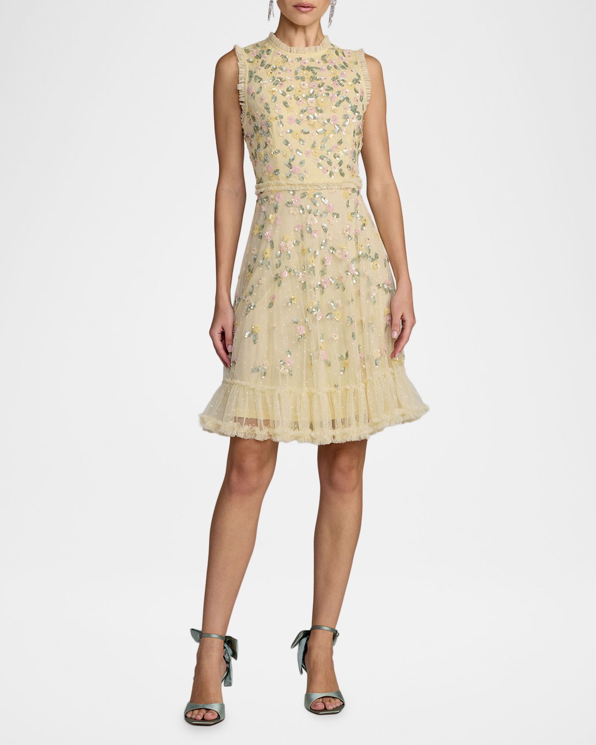 Mac Duggal Ruffle-Trim Floral Sequin Mesh Dress