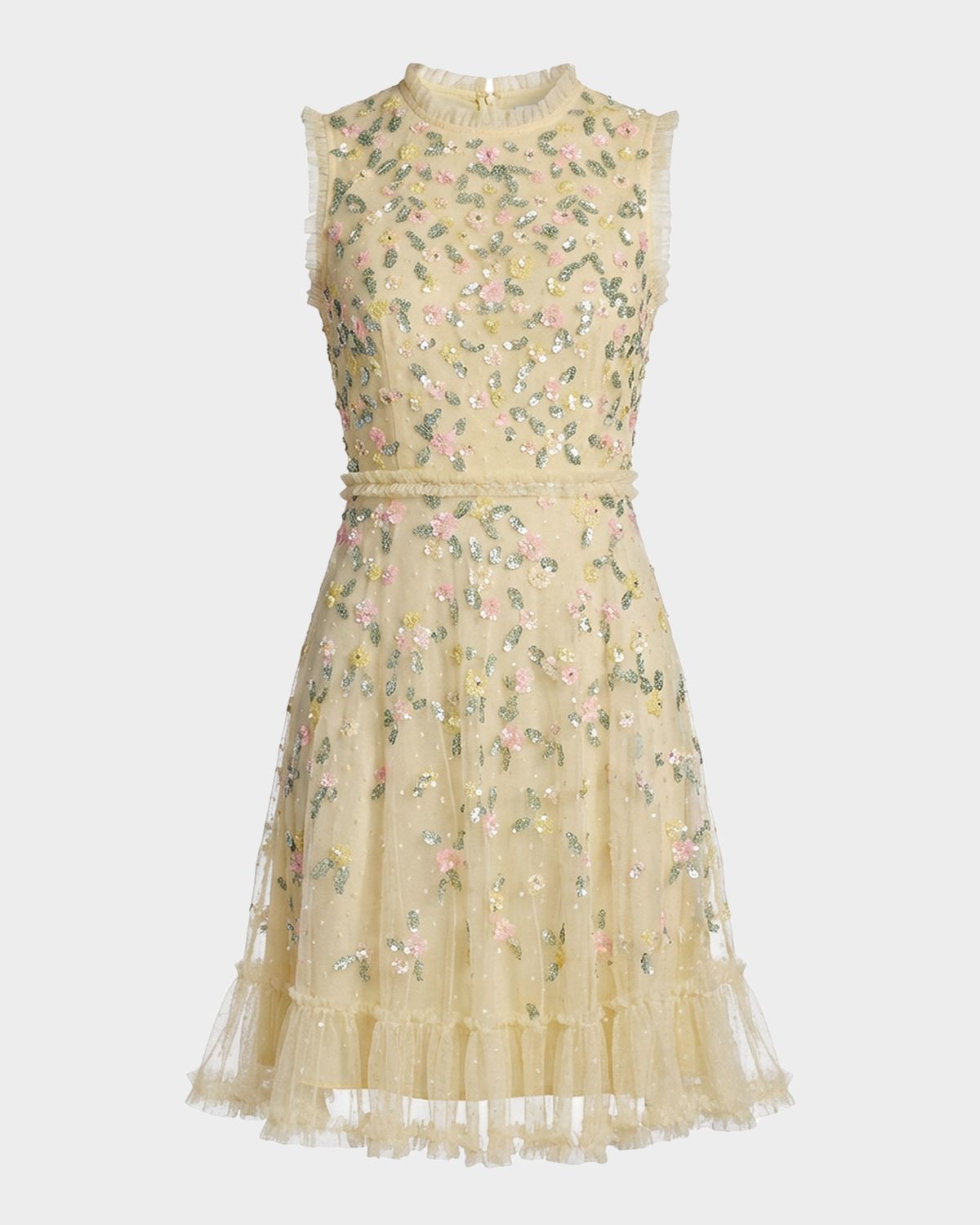 Mac Duggal Ruffle-Trim Floral Sequin Mesh Dress