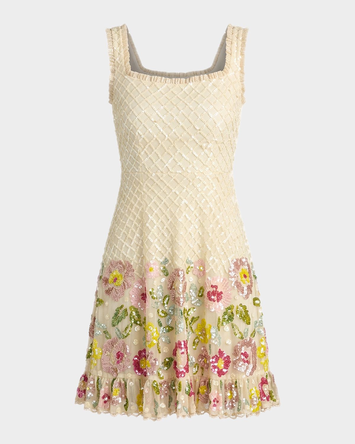 Mac Duggal Ruffle-Trim Floral Sequin Mesh Mini Dress