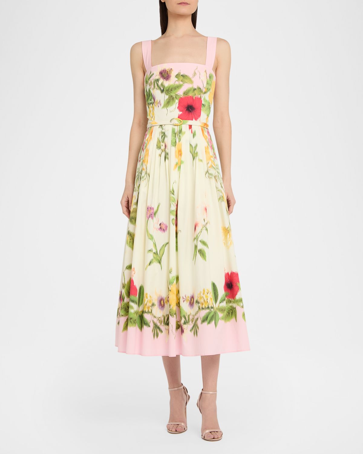 Oscar de la Renta Sleeveless Chine Floral Print Pleated Midi Dress With Belt