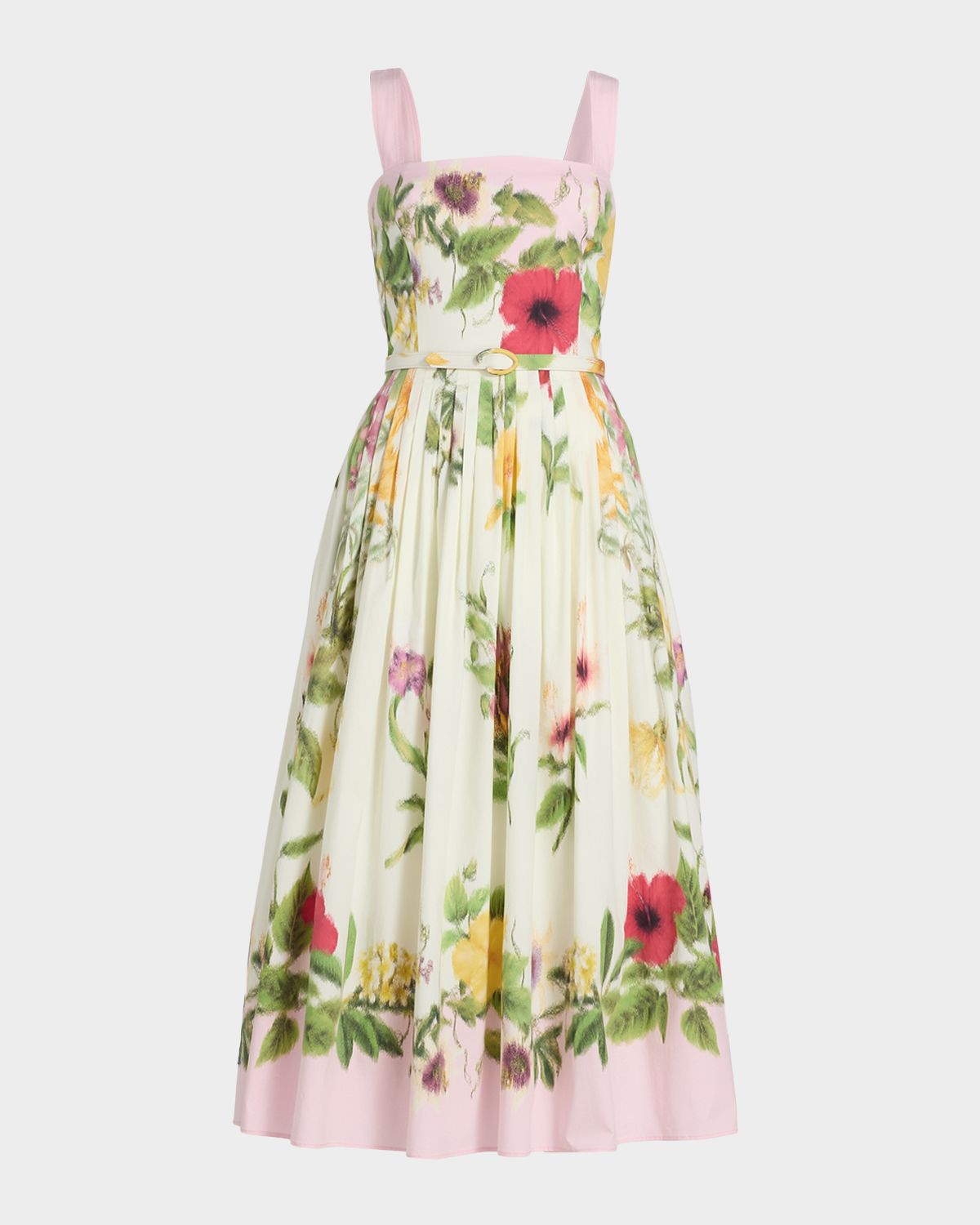 Oscar de la Renta Sleeveless Chine Floral Print Pleated Midi Dress With Belt
