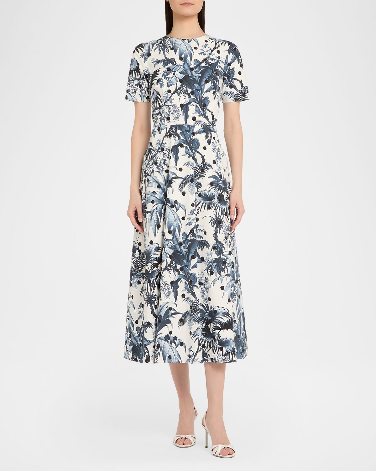 Oscar de la Renta Short-Sleeve Dotted Palm Print Poplin Midi Dress