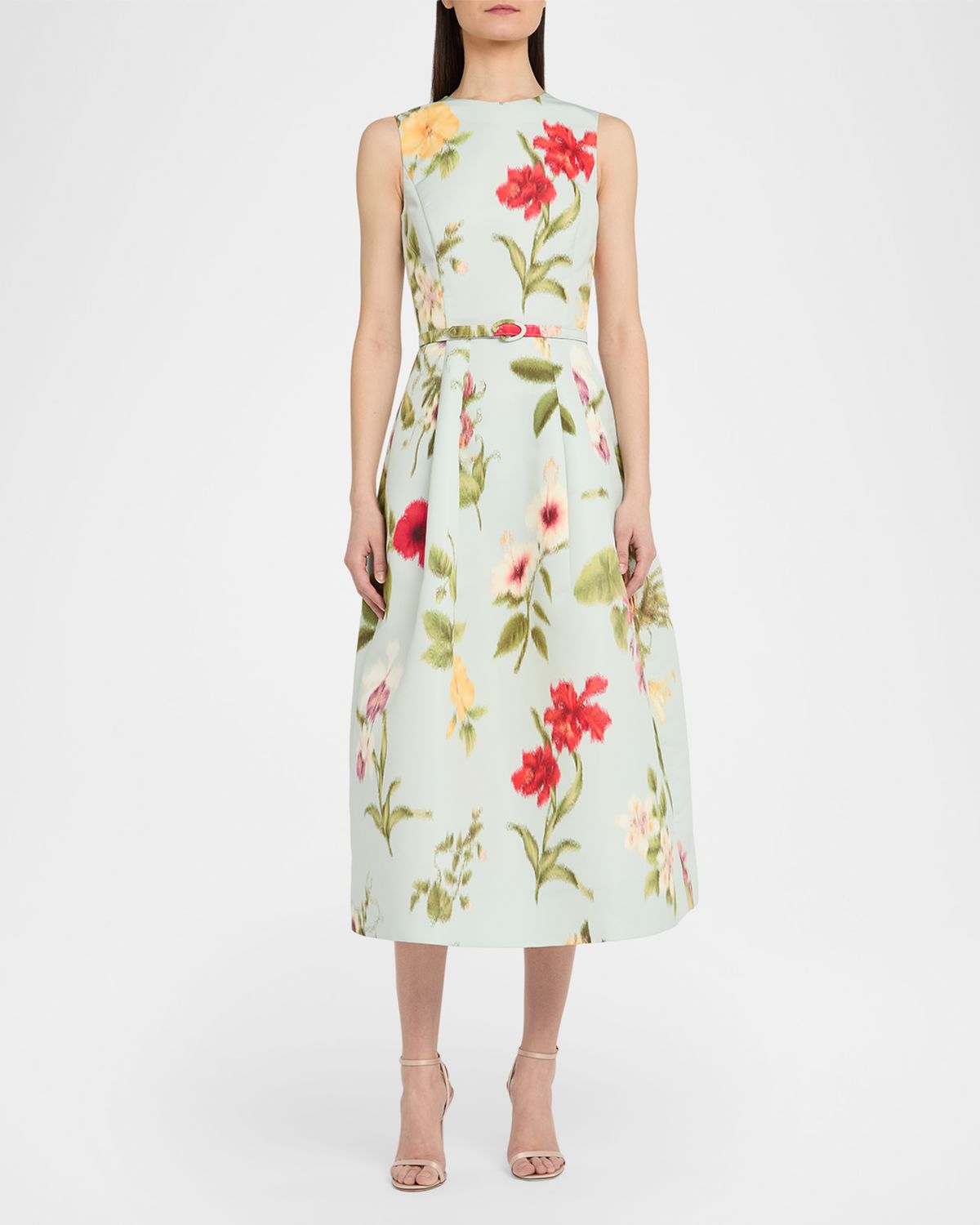 Oscar de la Renta Chine Multi Floral-Print Belted Midi Dress