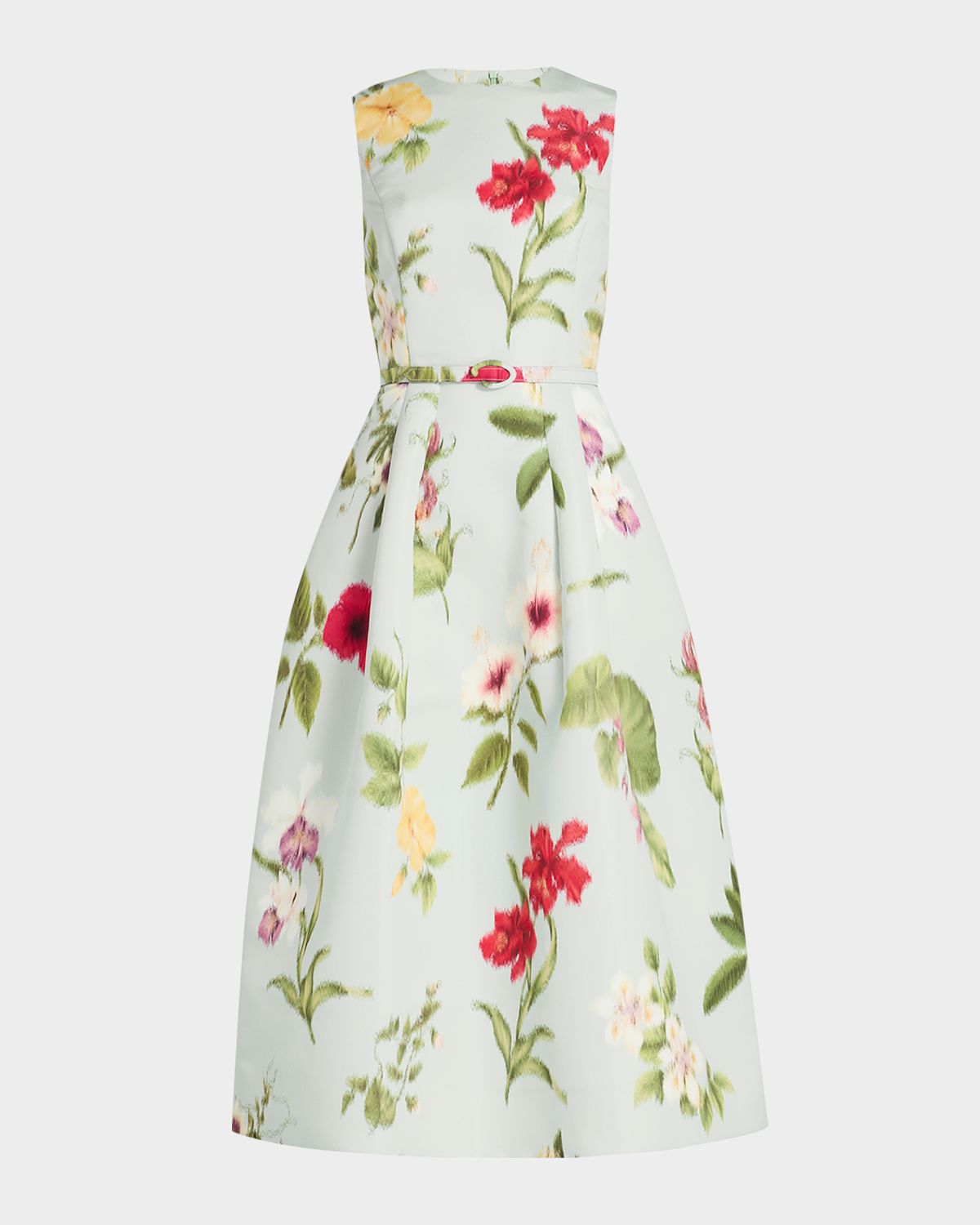 Oscar de la Renta Chine Multi Floral-Print Belted Midi Dress