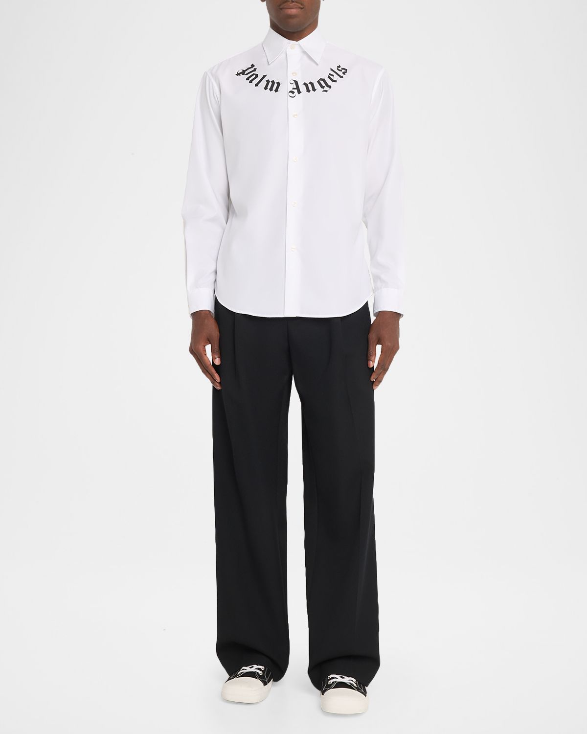 Palm Angels Men 's Neck Logo Cotton Button-Down Shirt | Thumbnail 2 Palm Angels Men 's Neck Logo Cotton Button-Down Shirt | Thumbnail 2
