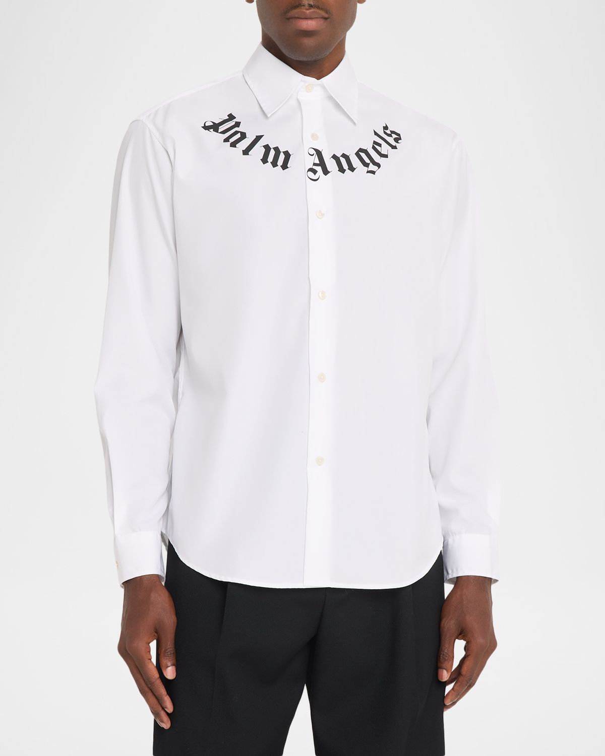 Palm Angels Men 's Neck Logo Cotton Button-Down Shirt | Thumbnail 4 Palm Angels Men 's Neck Logo Cotton Button-Down Shirt | Thumbnail 4