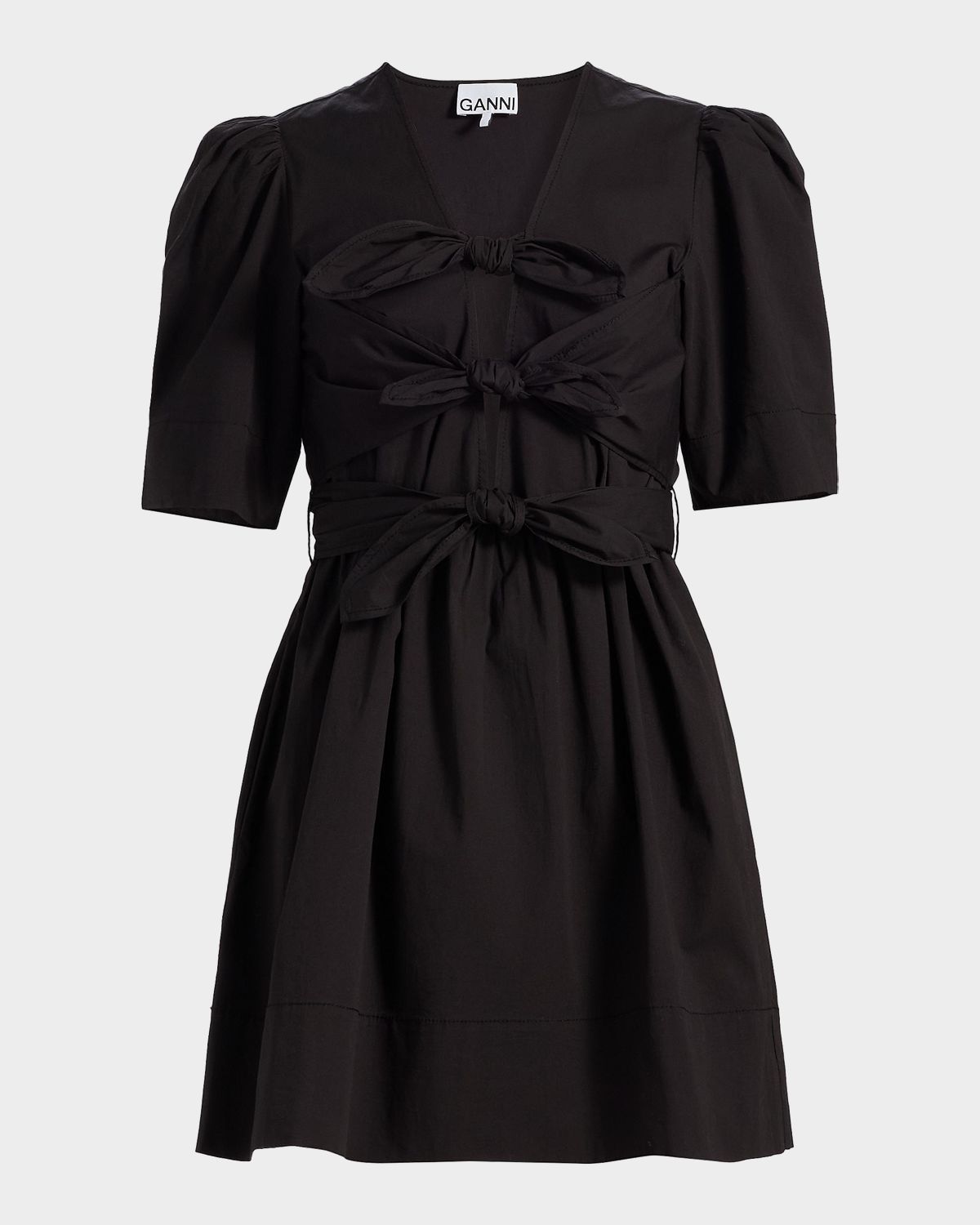 Ganni Tie-Waist Stretch-Cotton A-Line Minidress