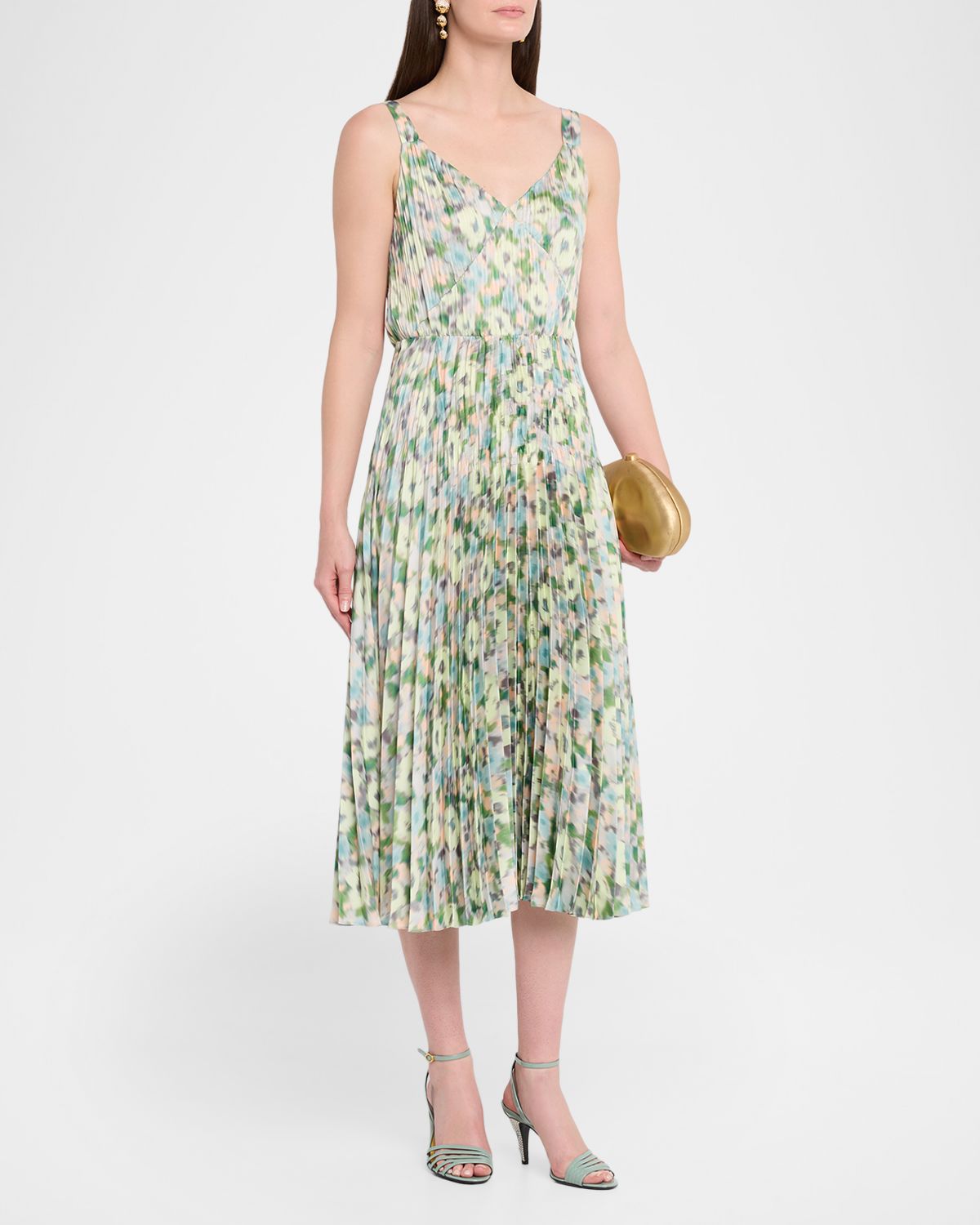 Vince Pleated Painted Garden V-Neck Midi Dress
