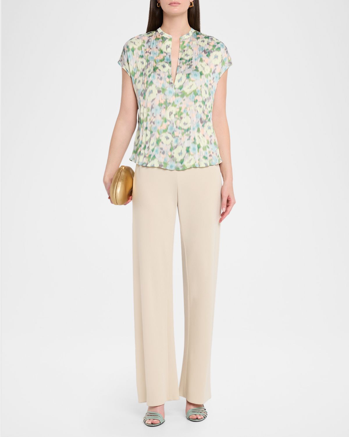 Vince Pleated Painted Garden V-Neck Top