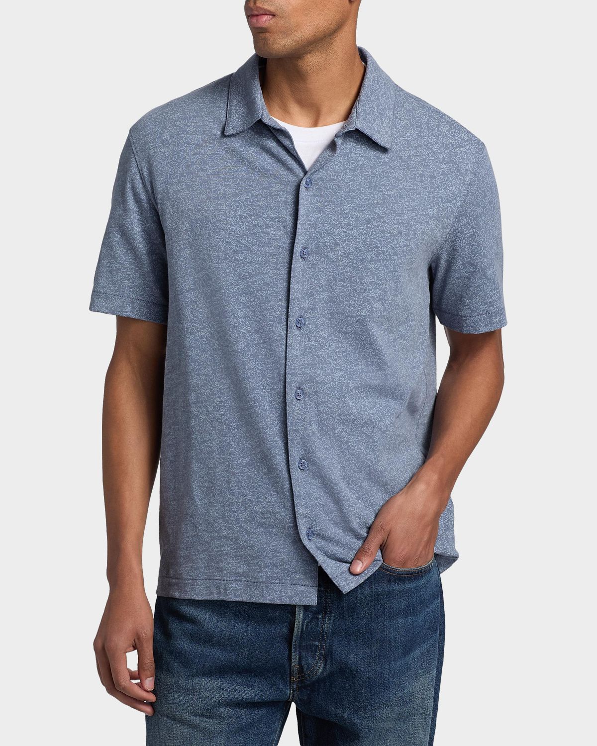 Vince Men 's Tonal Leaf-Print Slub Cotton Shirt | Thumbnail 4 Vince Men 's Tonal Leaf-Print Slub Cotton Shirt | Thumbnail 4