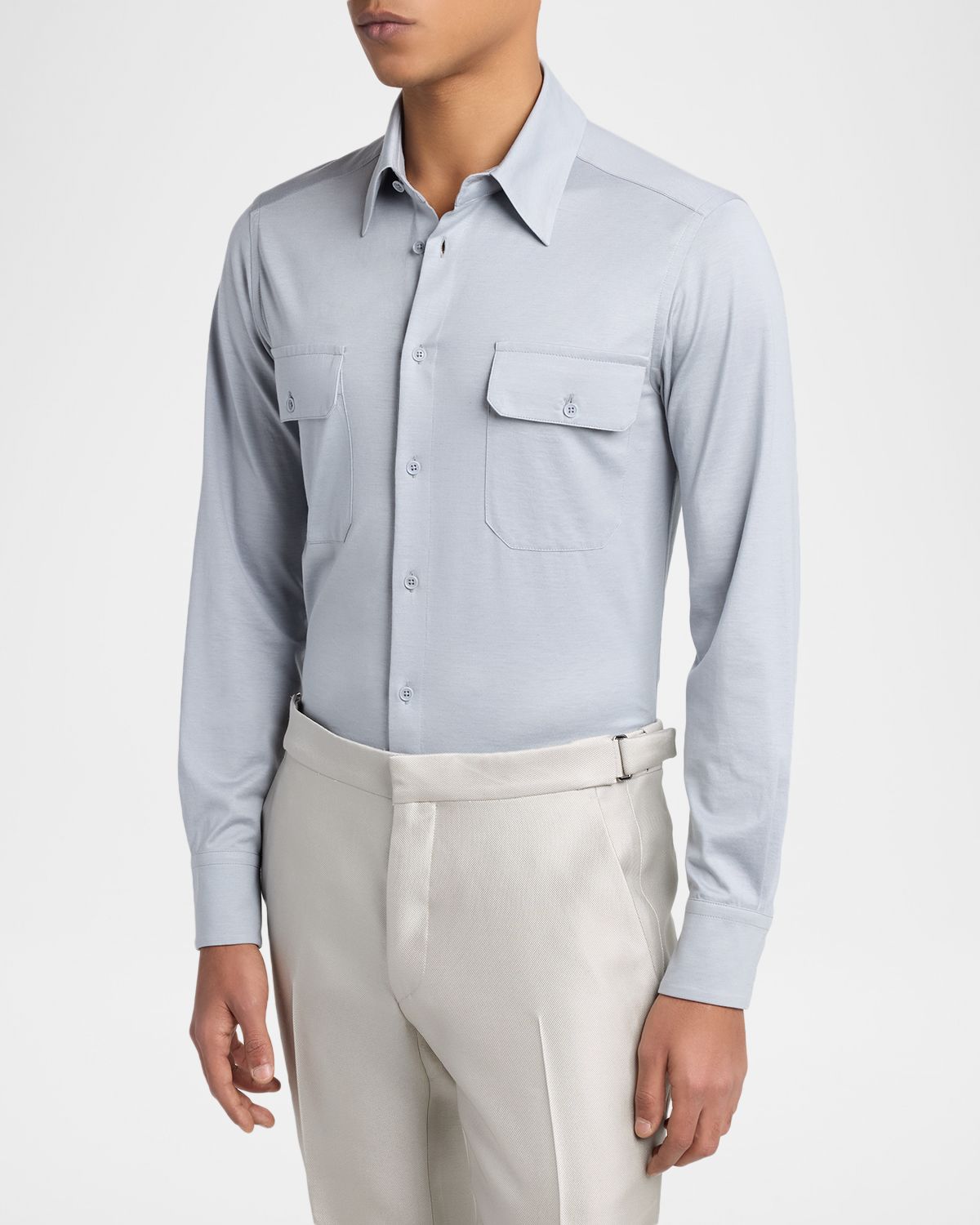 TOM FORD Men 's Cotton and Silk Jersey Button-Down Shirt | Thumbnail 4 TOM FORD Men 's Cotton and Silk Jersey Button-Down Shirt | Thumbnail 4
