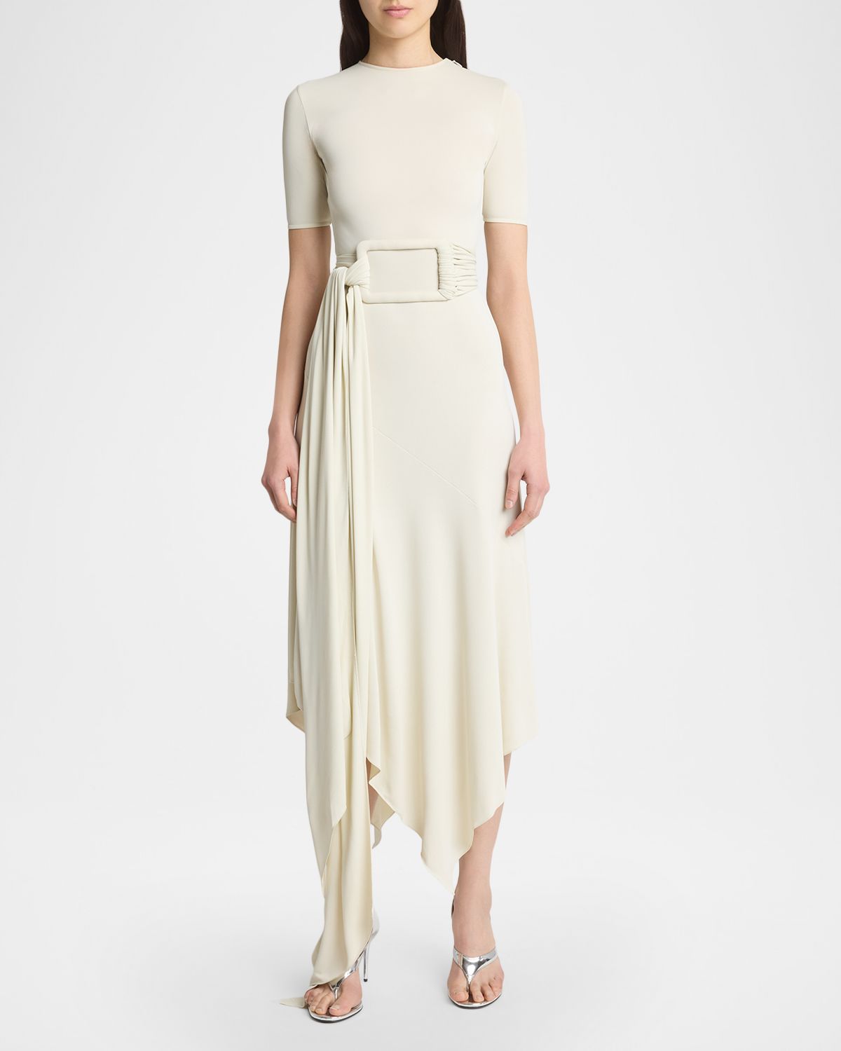 ALAÏA Asymmetric Fluid Jersey Belted Midi Dress | Thumbnail 5