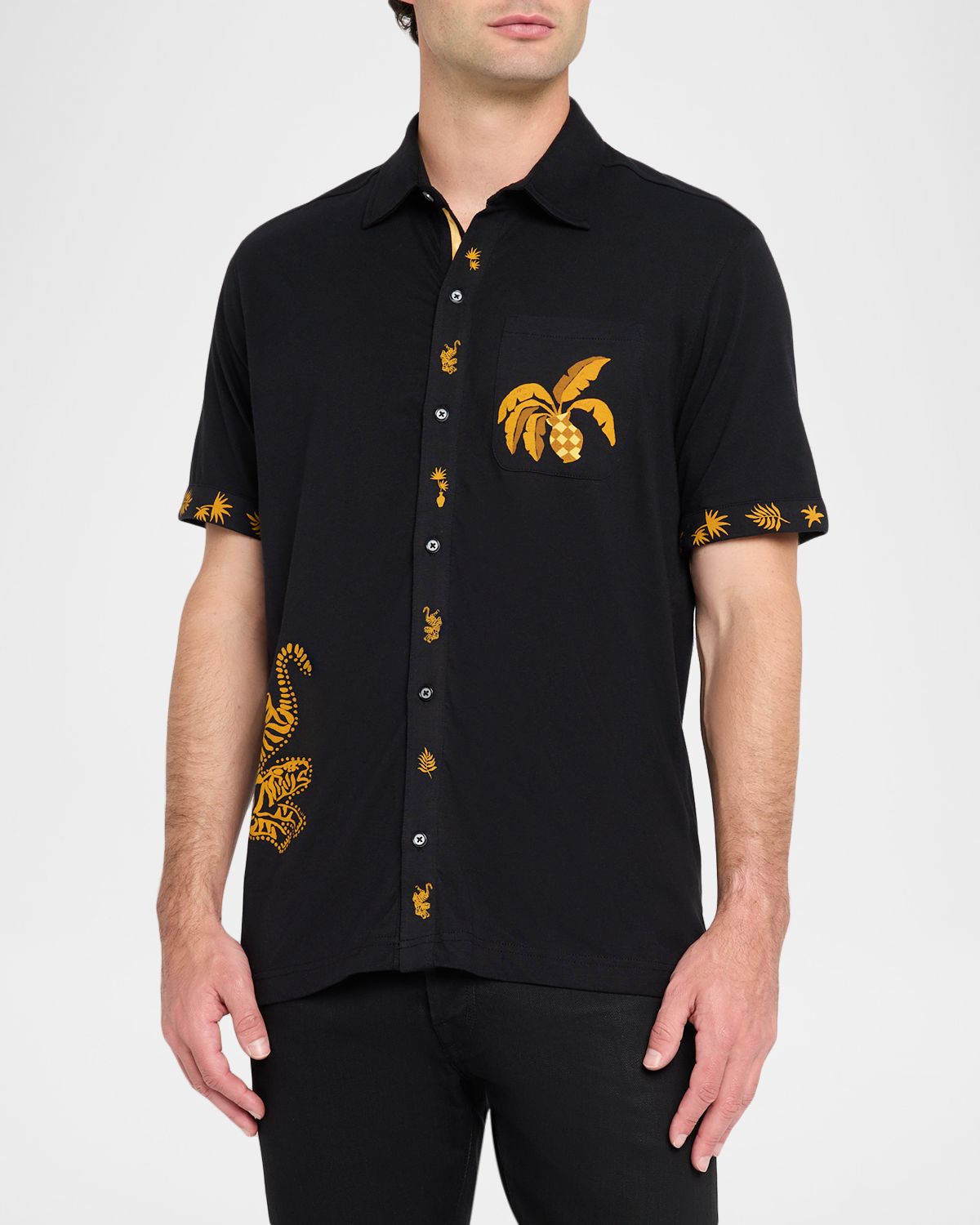 Robert Graham Men 's Golden Jungle Motif Cotton Short-Sleeve Shirt | Thumbnail 4 Robert Graham Men 's Golden Jungle Motif Cotton Short-Sleeve Shirt | Thumbnail 4