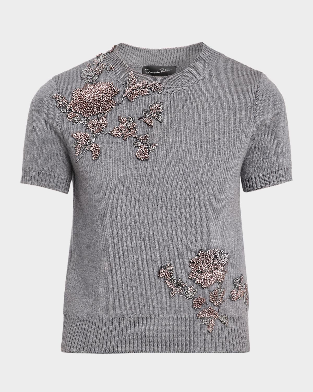 Bead Embroidered Short-Sleeve Wool Sweater