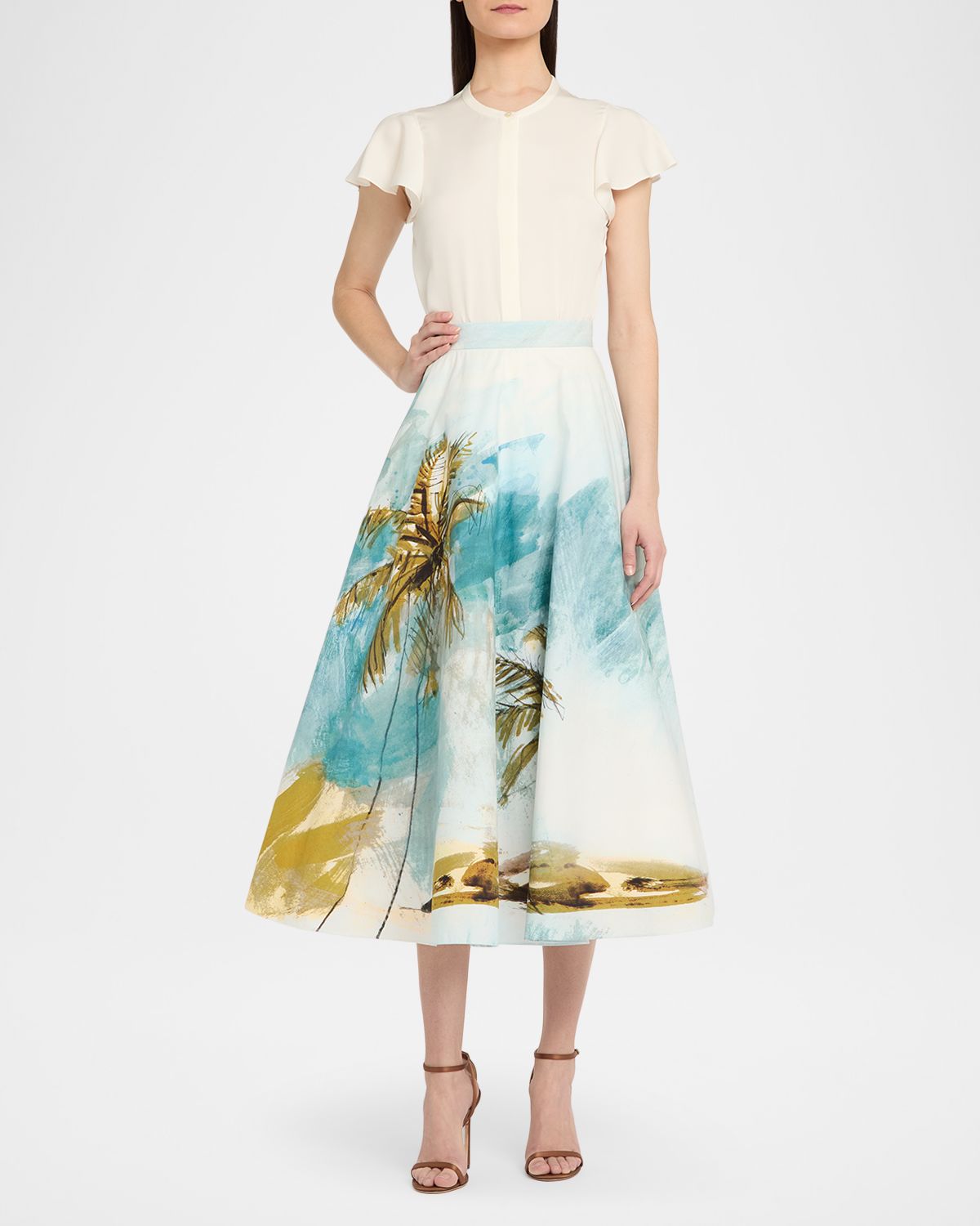 Oscar de la Renta Beach Palm Print Cotton Poplin Midi Skirt | Thumbnail 5 Oscar de la Renta Beach Palm Print Cotton Poplin Midi Skirt | Thumbnail 5