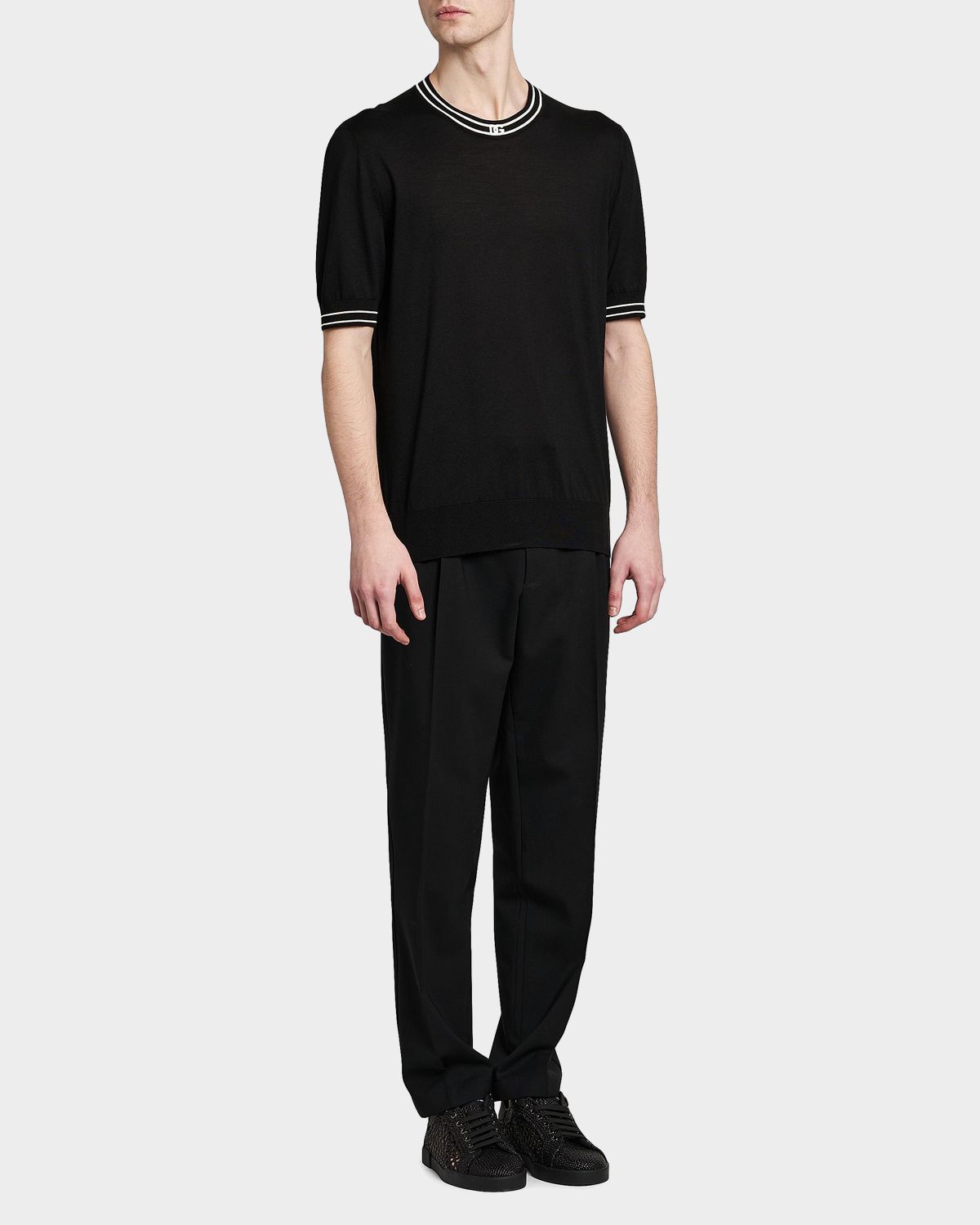 Dolce & Gabbana Men 's Nero Silk Knit Ribbed-Logo Trim Crewneck T-Shirt | Thumbnail 6