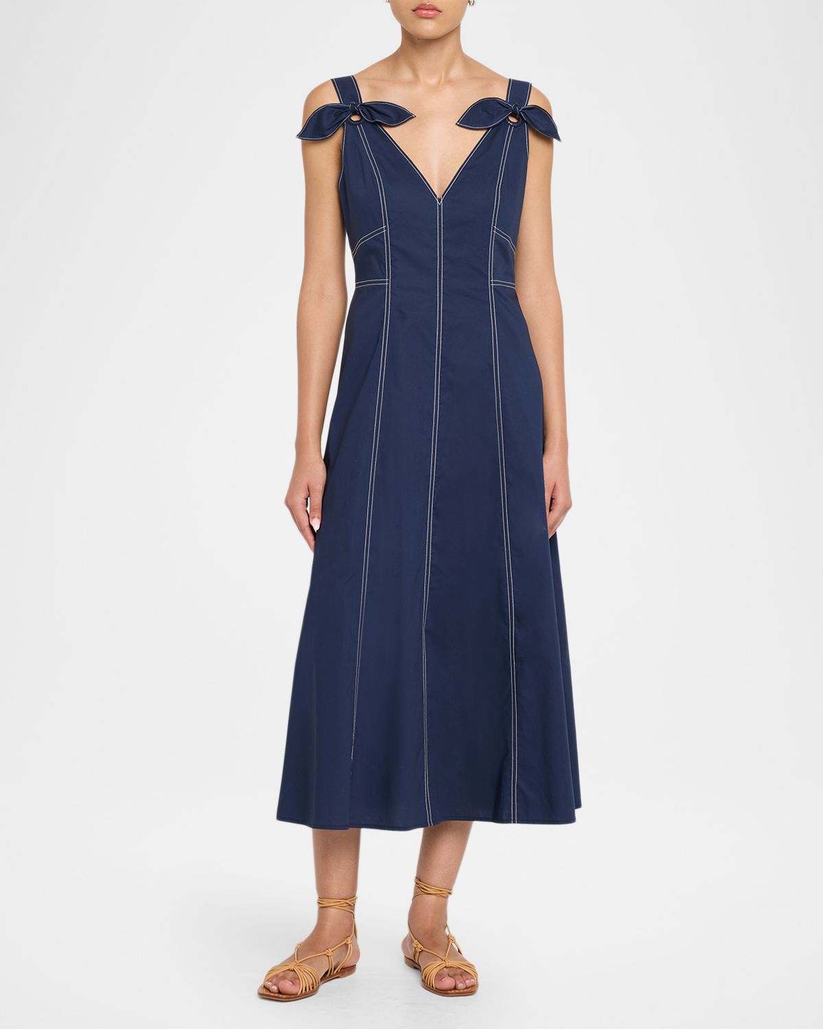 Tanya Taylor Caprice V-Neck Denim Midi Dress with Bows | Thumbnail 4 Tanya Taylor Caprice V-Neck Denim Midi Dress with Bows | Thumbnail 4