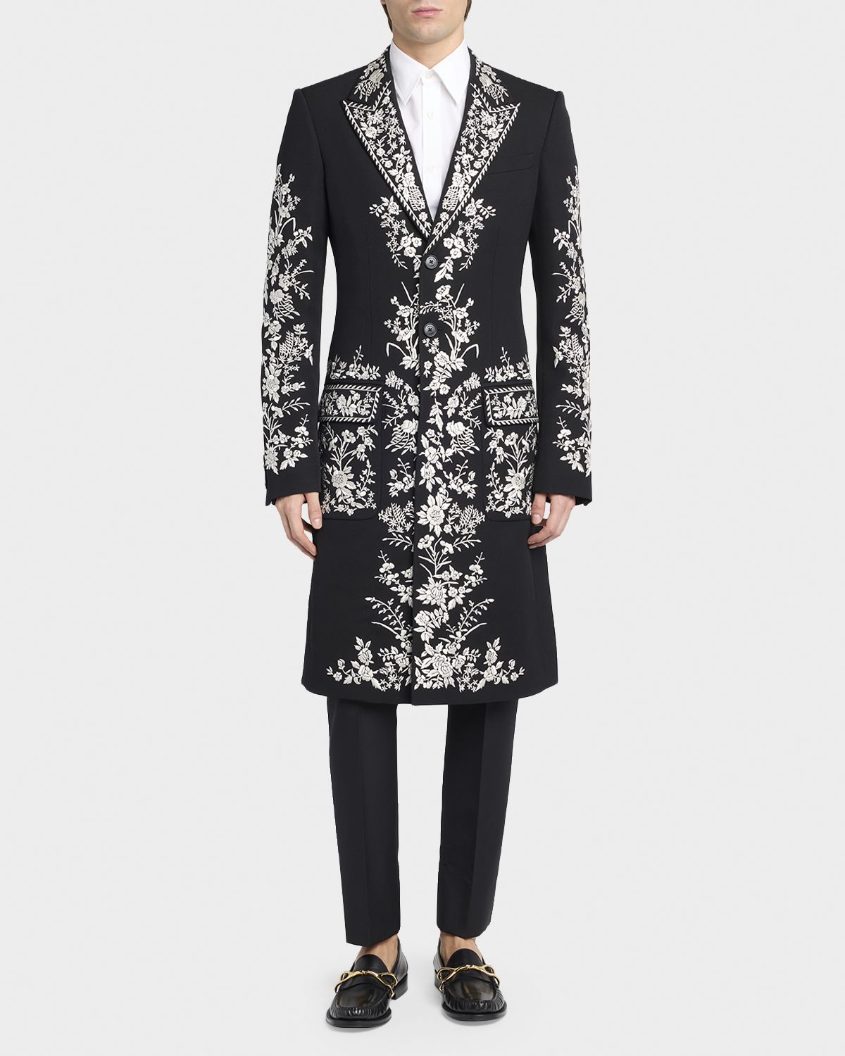 McQueen Men 's Wool Embroidered Peak Lapel Overcoat | Thumbnail 2 McQueen Men 's Wool Embroidered Peak Lapel Overcoat | Thumbnail 2