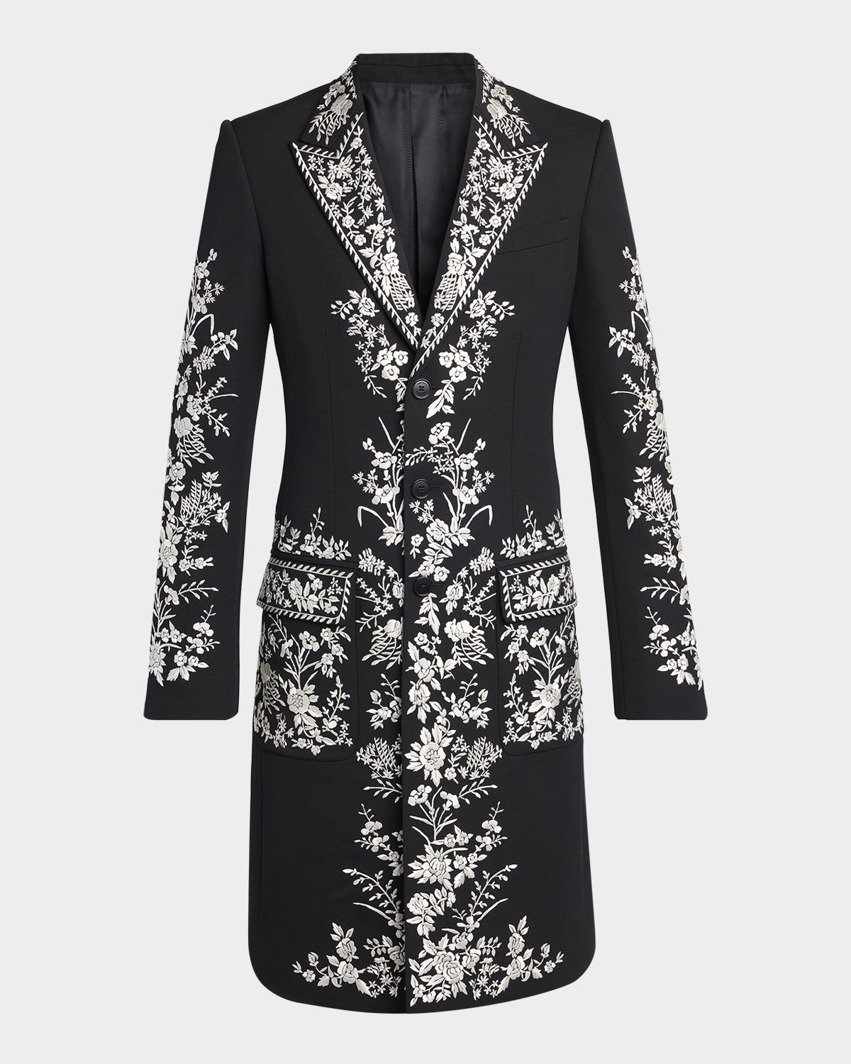 McQueen Men 's Wool Embroidered Peak Lapel Overcoat