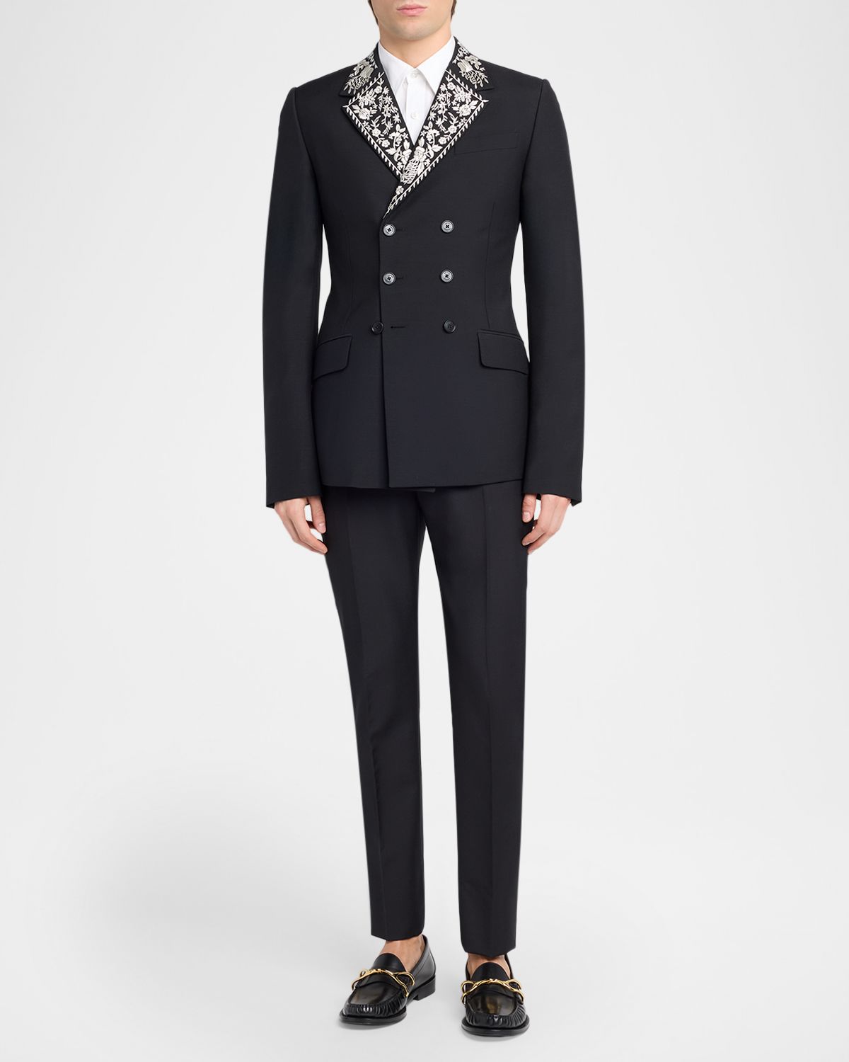 McQueen Men 's Wool Embroidered-Lapel Double-Breasted Dinner Jacket | Thumbnail 2 McQueen Men 's Wool Embroidered-Lapel Double-Breasted Dinner Jacket | Thumbnail 2