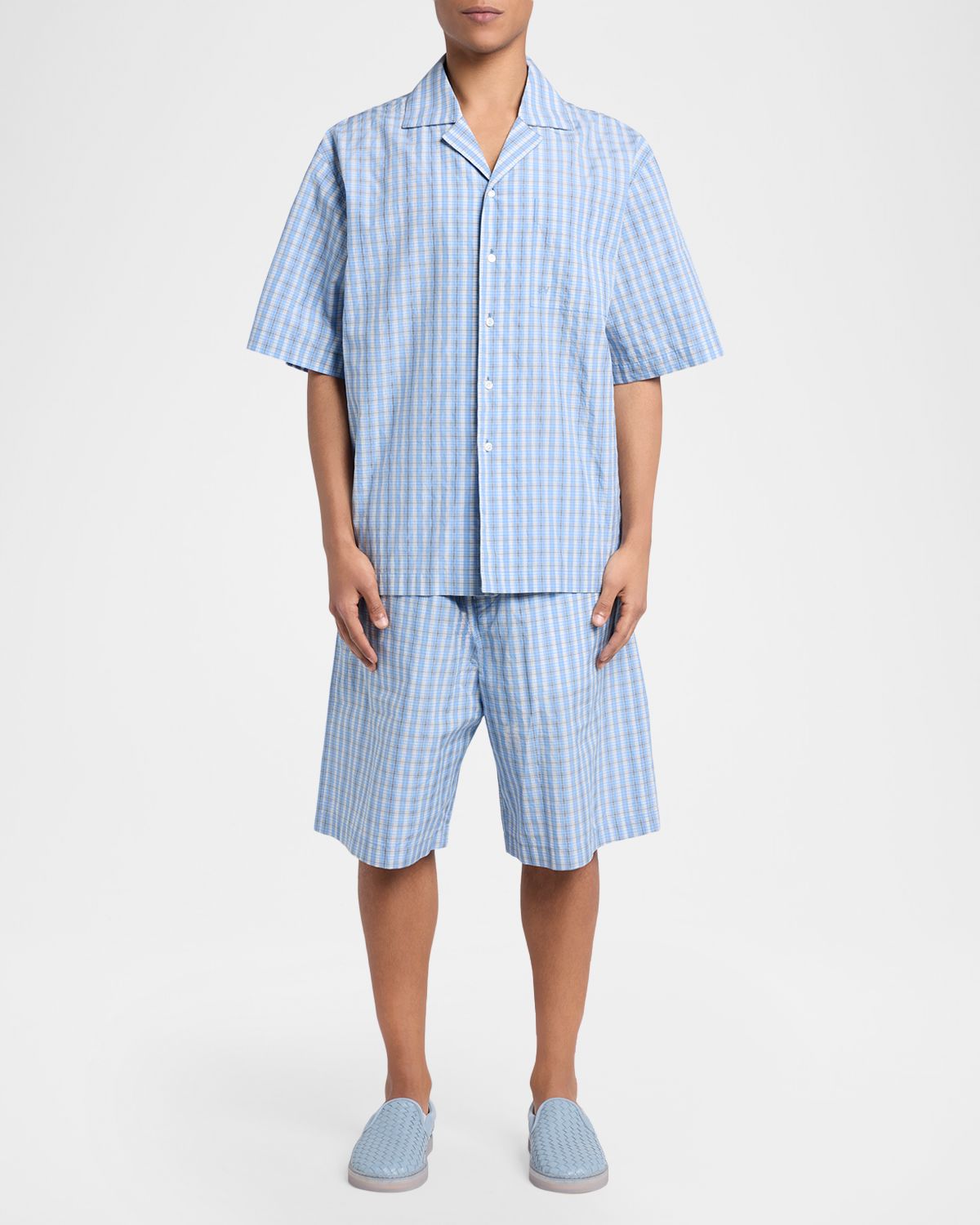 Bottega Veneta Men 's Cotton and Silk Textured Plaid Short-Sleeve Shirt | Thumbnail 5 Bottega Veneta Men 's Cotton and Silk Textured Plaid Short-Sleeve Shirt | Thumbnail 5