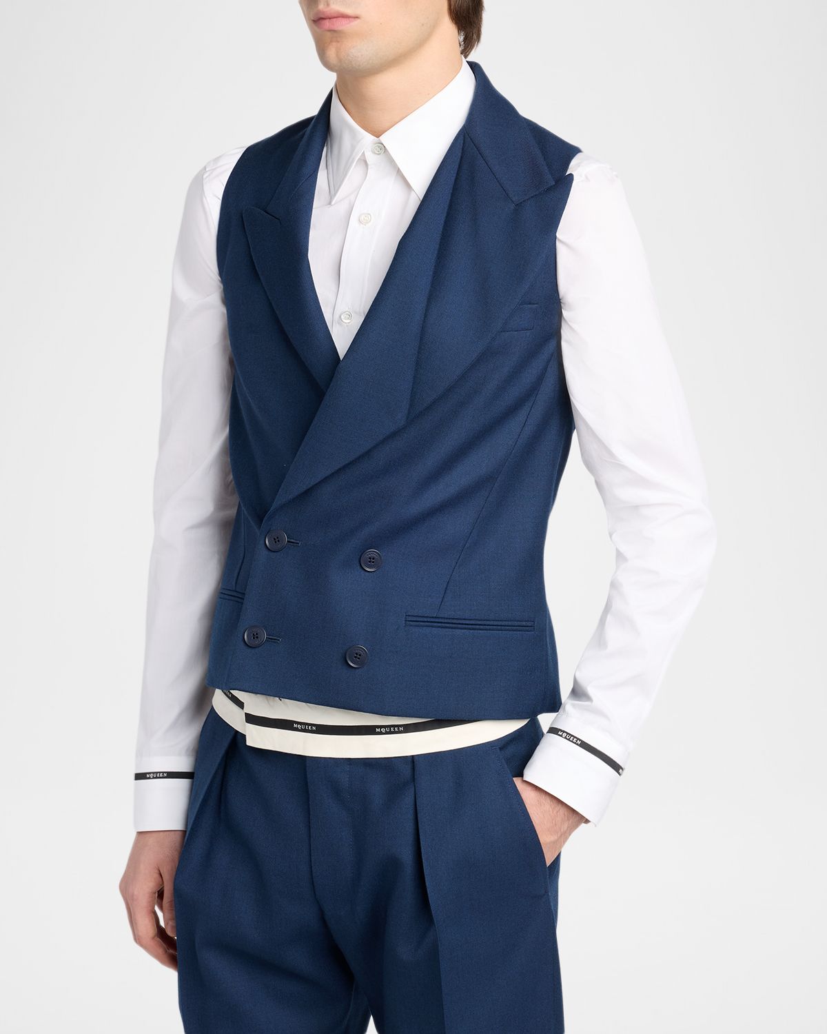 McQueen Men 's Wool Peak Lapel Double-Breasted Waistcoat | Thumbnail 4 McQueen Men 's Wool Peak Lapel Double-Breasted Waistcoat | Thumbnail 4