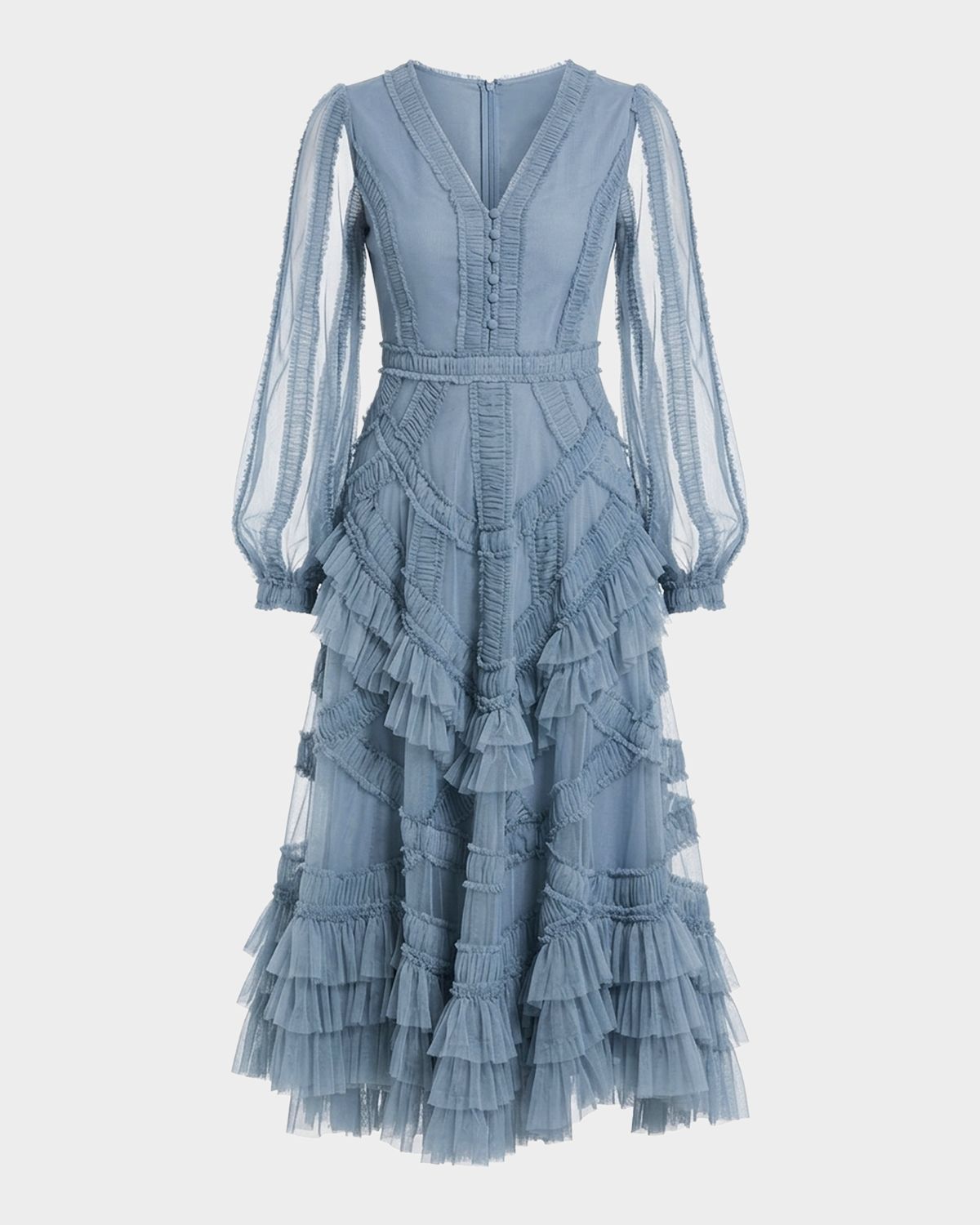 Mac Duggal Mesh Micro Ruffle Midi-Dress