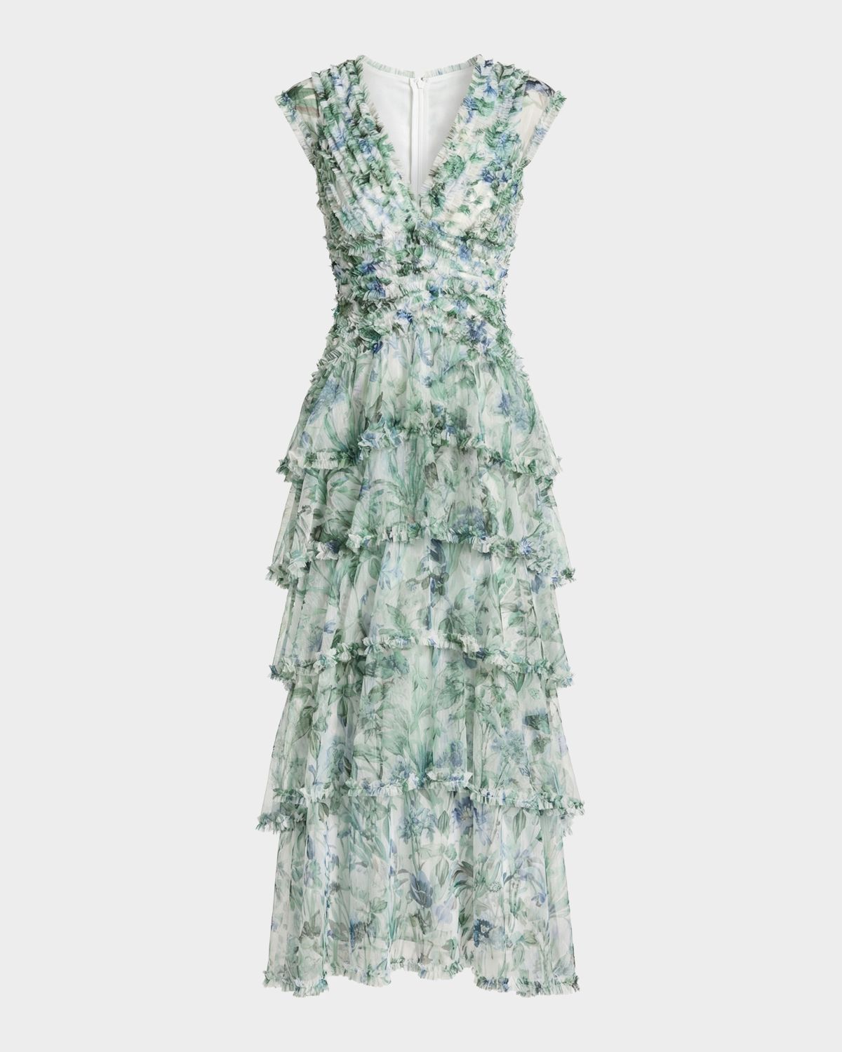 Mac Duggal Floral Mesh Ruffled V-Neck Maxi Dress