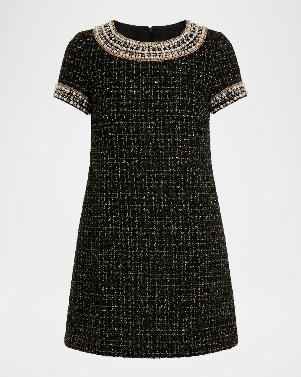 Mac Duggal Short-Sleeve Boucle Mini Dress with Rhinestones