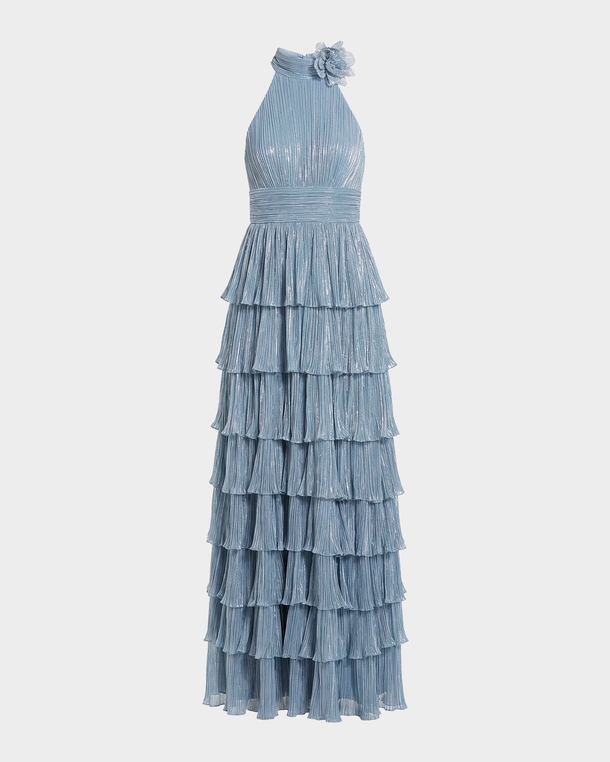Mac Duggal Tiered Pleated Metallic Halter Gown