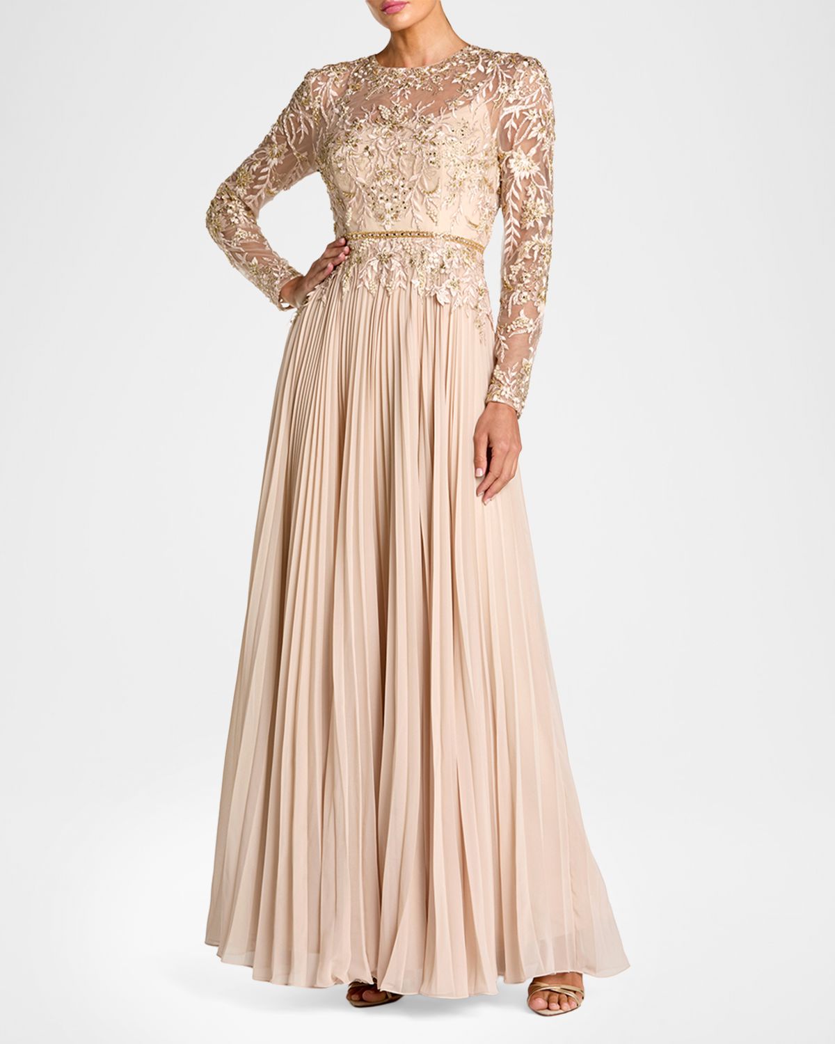 Mac Duggal Pleated Chiffon and Bead-Embroidered Mesh Gown
