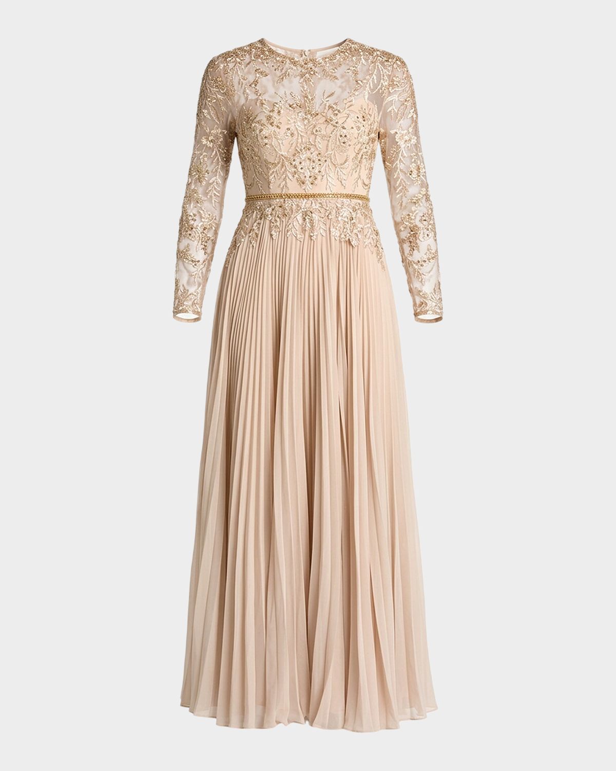 Mac Duggal Pleated Chiffon and Bead-Embroidered Mesh Gown