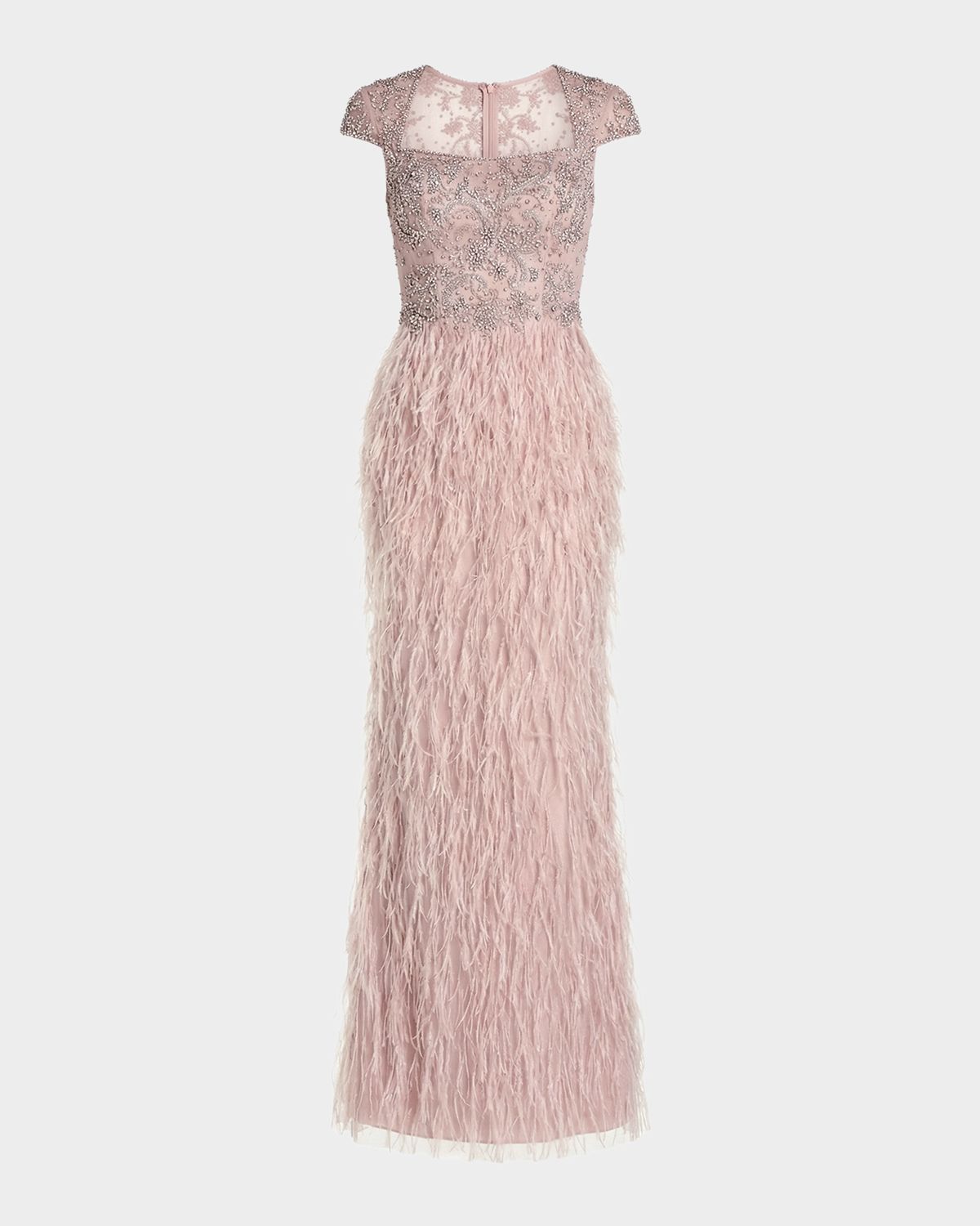 Mac Duggal Beaded Feather-Trim Column Gown
