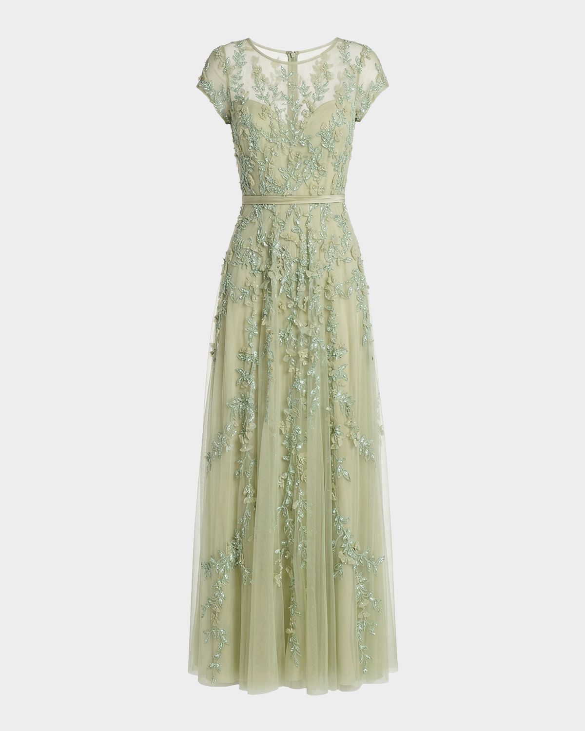 Mac Duggal Beaded Mesh Cap-Sleeve Gown