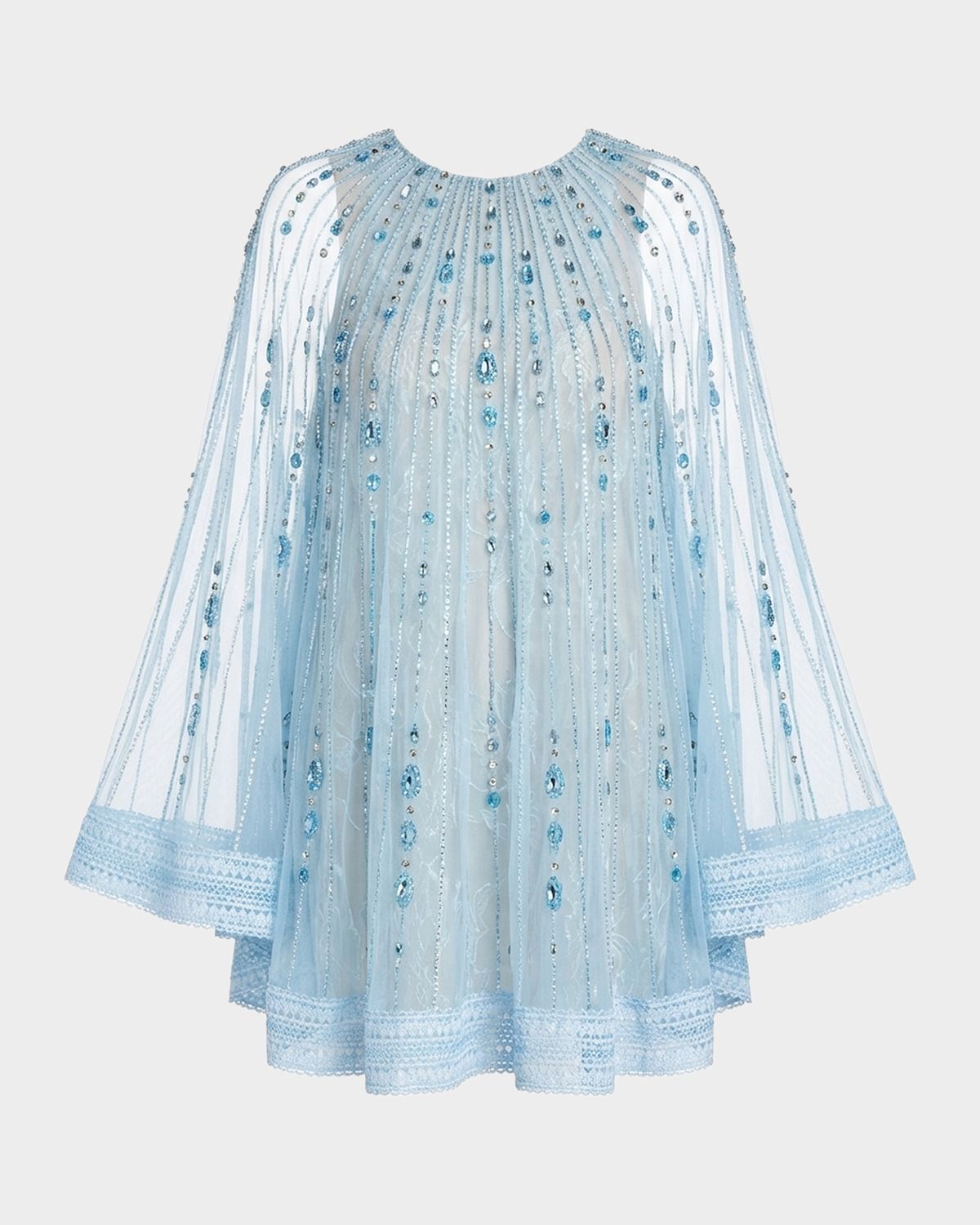Mac Duggal Beaded Lace Cape-Sleeve Mini Dress