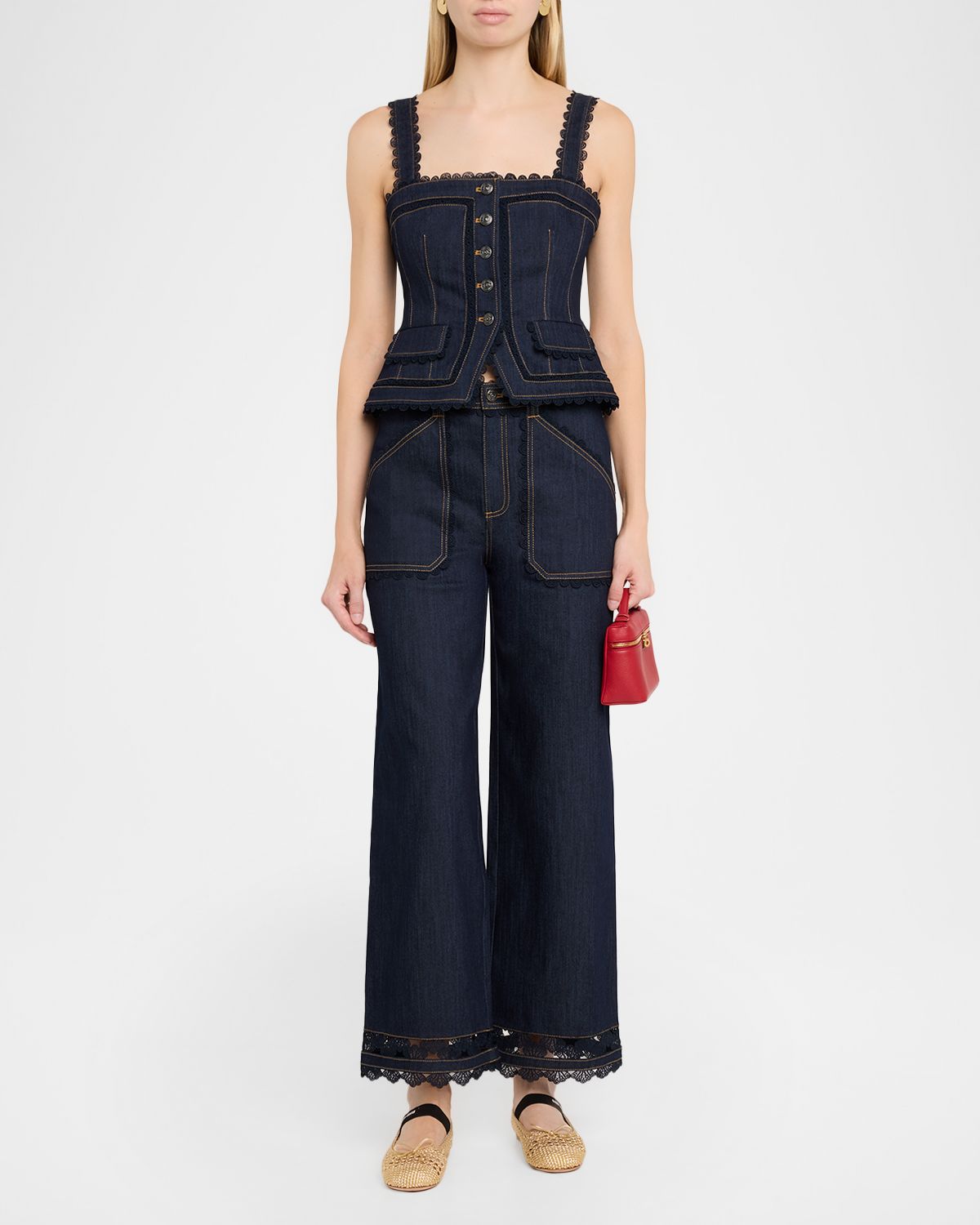 Cinq a Sept Scalloped Lace-Trimmed Wide-Leg Jeans | Thumbnail 2 Cinq a Sept Scalloped Lace-Trimmed Wide-Leg Jeans | Thumbnail 2