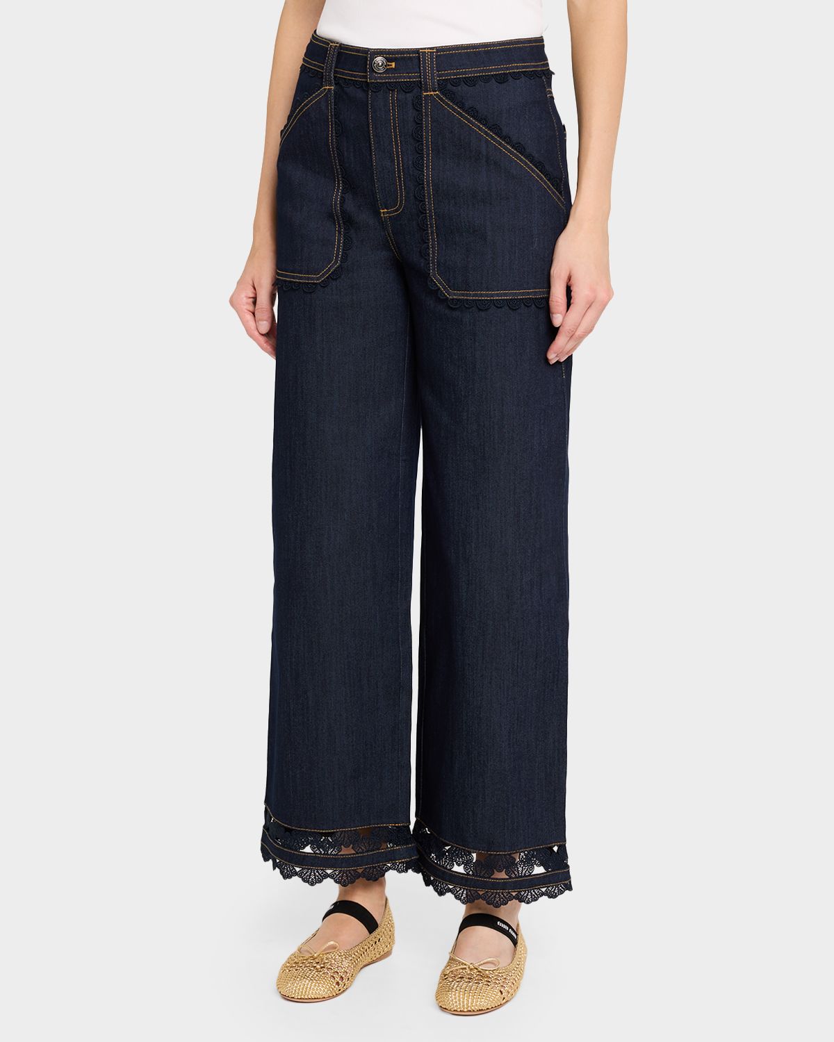 Cinq a Sept Scalloped Lace-Trimmed Wide-Leg Jeans | Thumbnail 4 Cinq a Sept Scalloped Lace-Trimmed Wide-Leg Jeans | Thumbnail 4