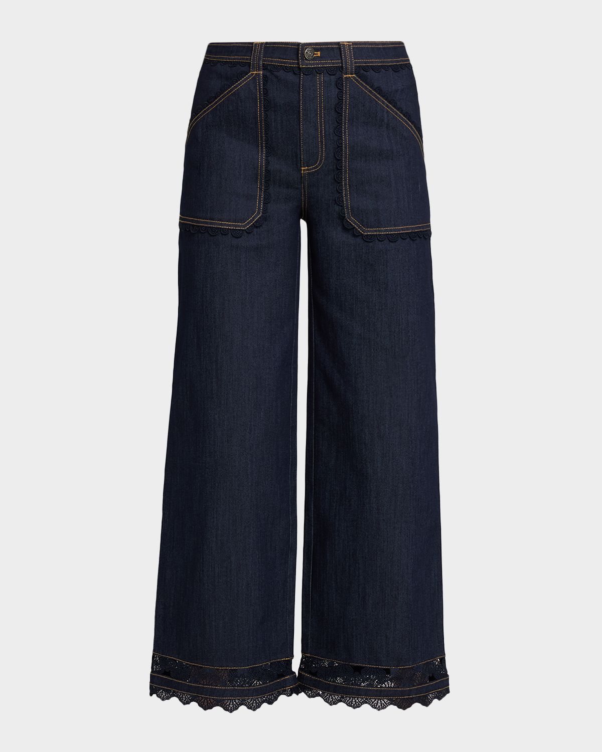 Cinq a Sept Scalloped Lace-Trimmed Wide-Leg Jeans